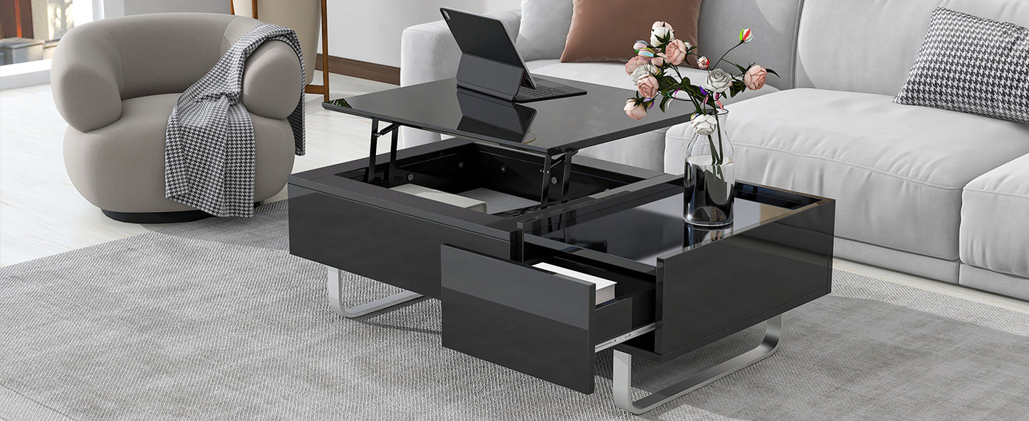 ON-TREND Multi-functional Coffee Table with Lifted Tabletop, Contemporary Cocktail Table, Metal Frame Legs, High-gloss Surface Dining Table for Living Room, Black
