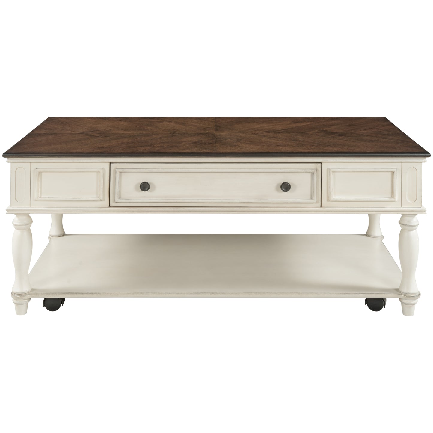 Retro Two-tone Cocktail Table Coffee Table with Caster Wheels | Easy Assembly | Movable | Livingroom Furniture | Antique White Color