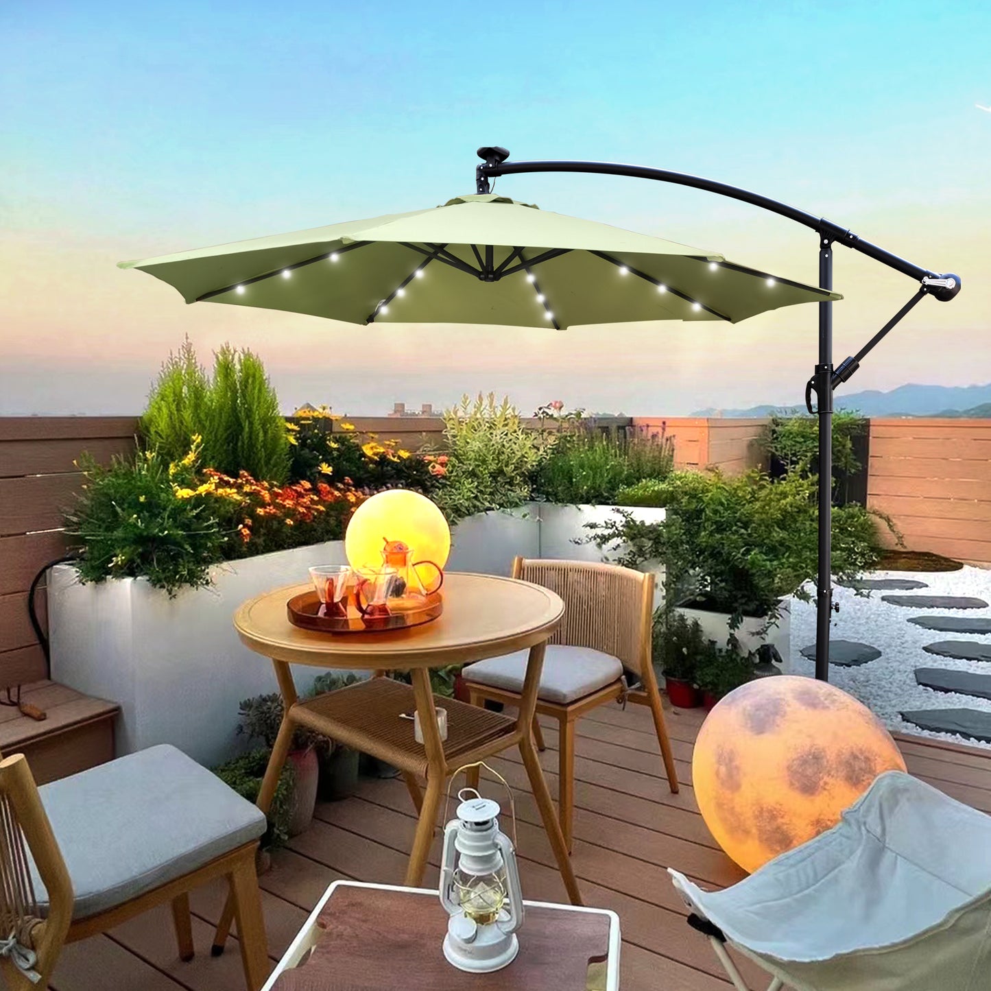 10 ft Outdoor Patio Umbrella Solar Powered LED Lighted Sun Shade Market Waterproof 8 Ribs Umbrella with Crank and Cross Base - Ideal for Garden, Deck, Backyard, Pool, and Outside Deck Swimming Pool - Various Colors & Sizes Available