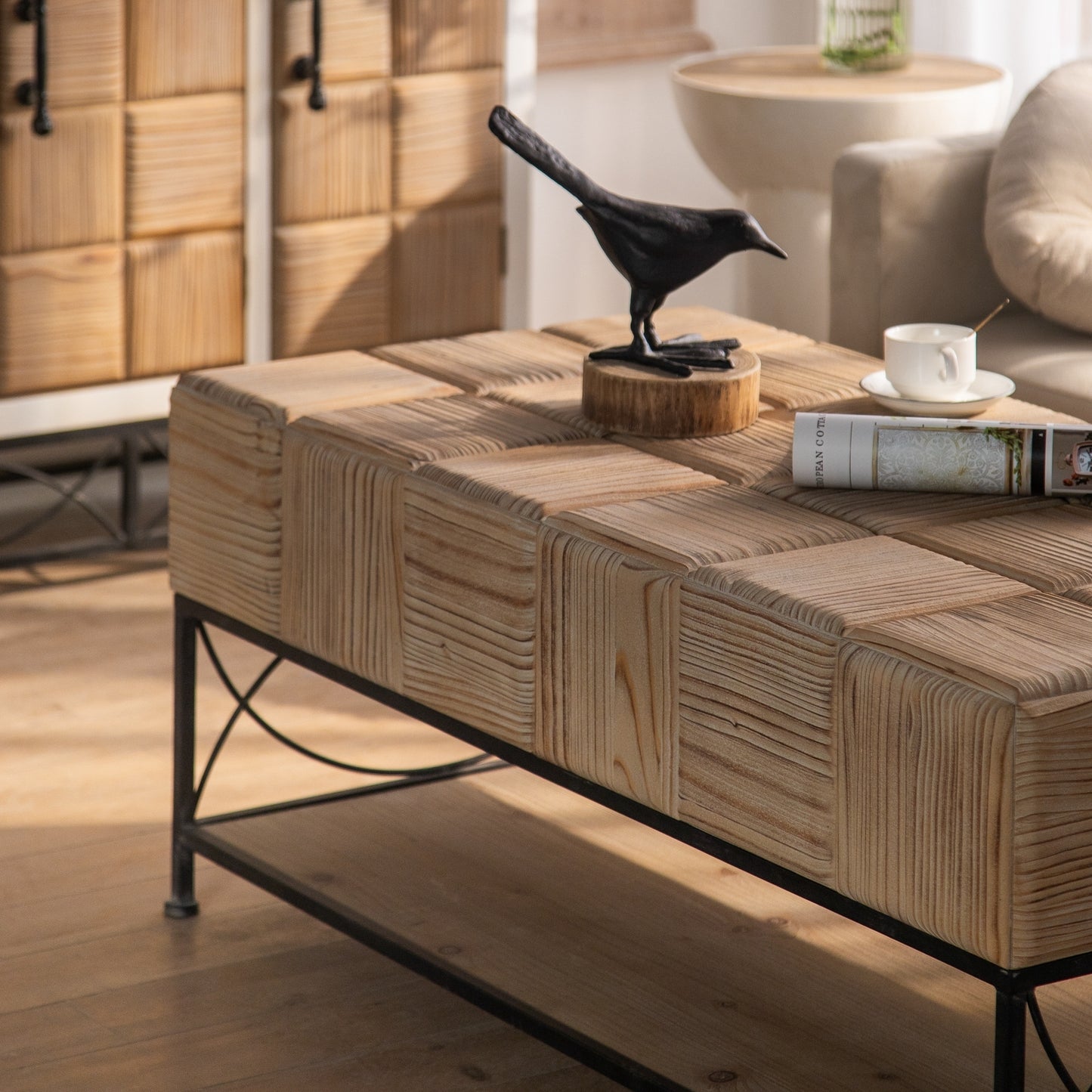 "Retro Square Coffee Table with Small Grid Splicing Design for Living, Office, and Dining Rooms - 47.64" Size"