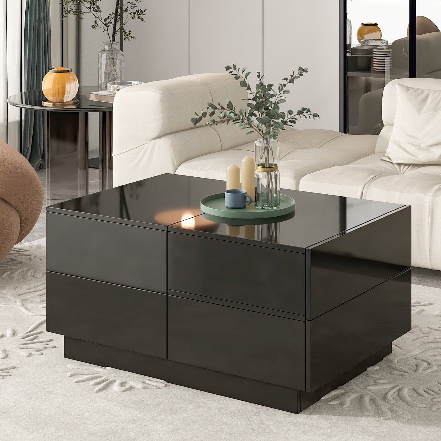 ON-TREND Extendable Coffee Table with 4 Drawers, Hidden Storage, UV High-gloss Center Table, Sliding Top, 35.4"x23.6", Black