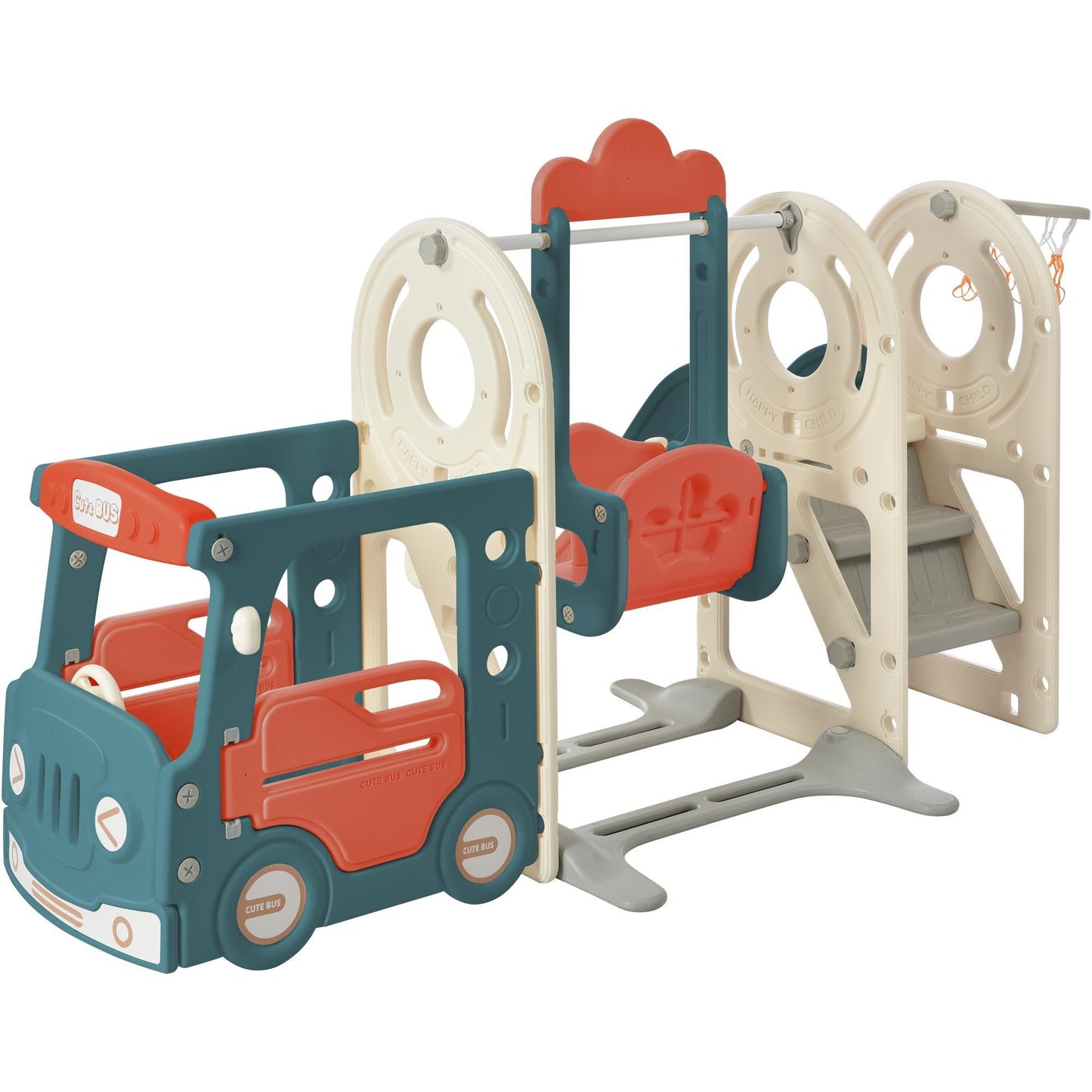 Kids Swing-N-Slide Bus Play Structure: Freestanding Toy with Slide, Swing, Basketball Hoop - Perfect for Toddlers - Fun and Safe Playset