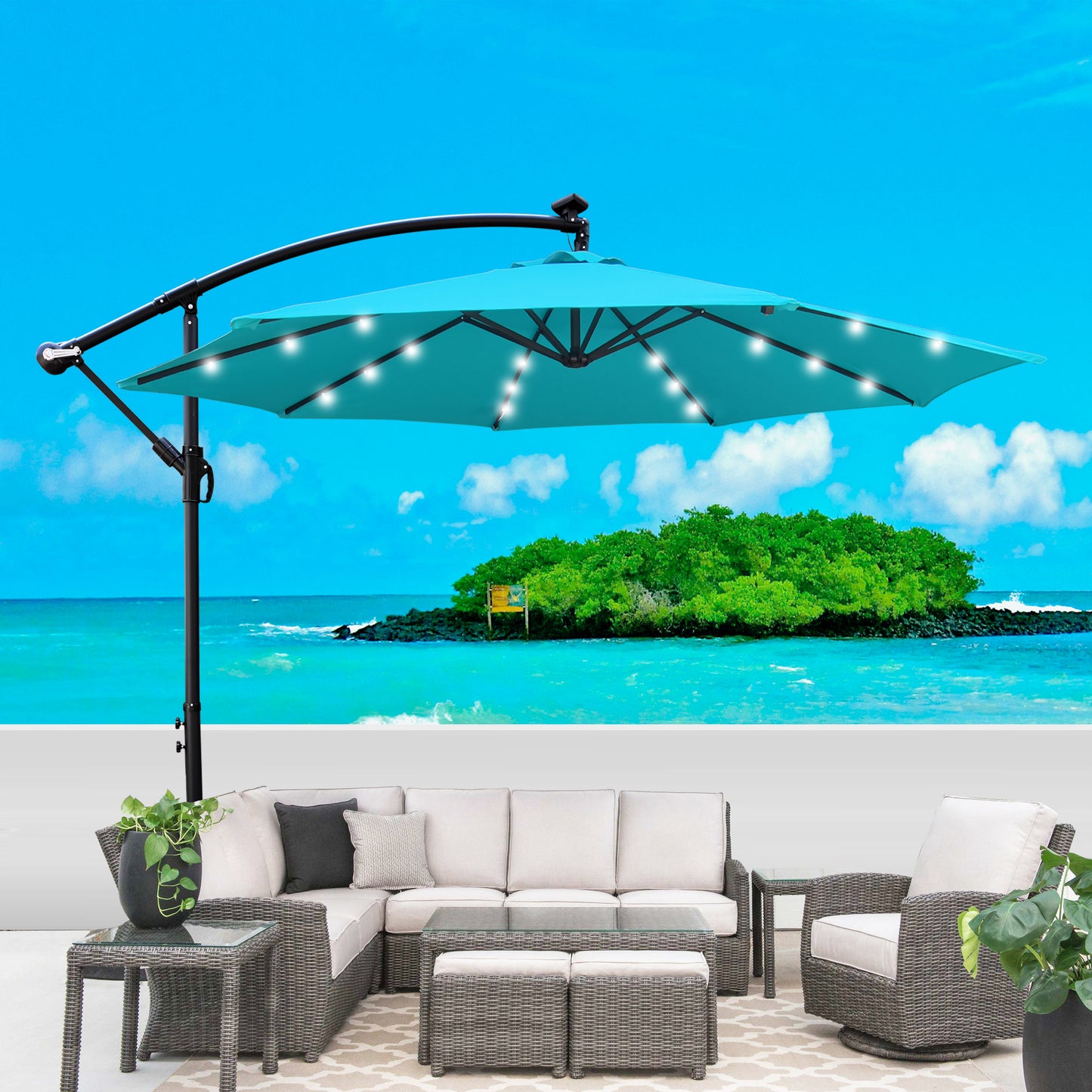 10 ft Outdoor Patio Umbrella Solar Powered LED Lighted Sun Shade Market Waterproof 8 Ribs Umbrella with Crank and Cross Base - Garden Deck Backyard Pool Shade - Outside Deck Swimming Pool - (Color/Size)