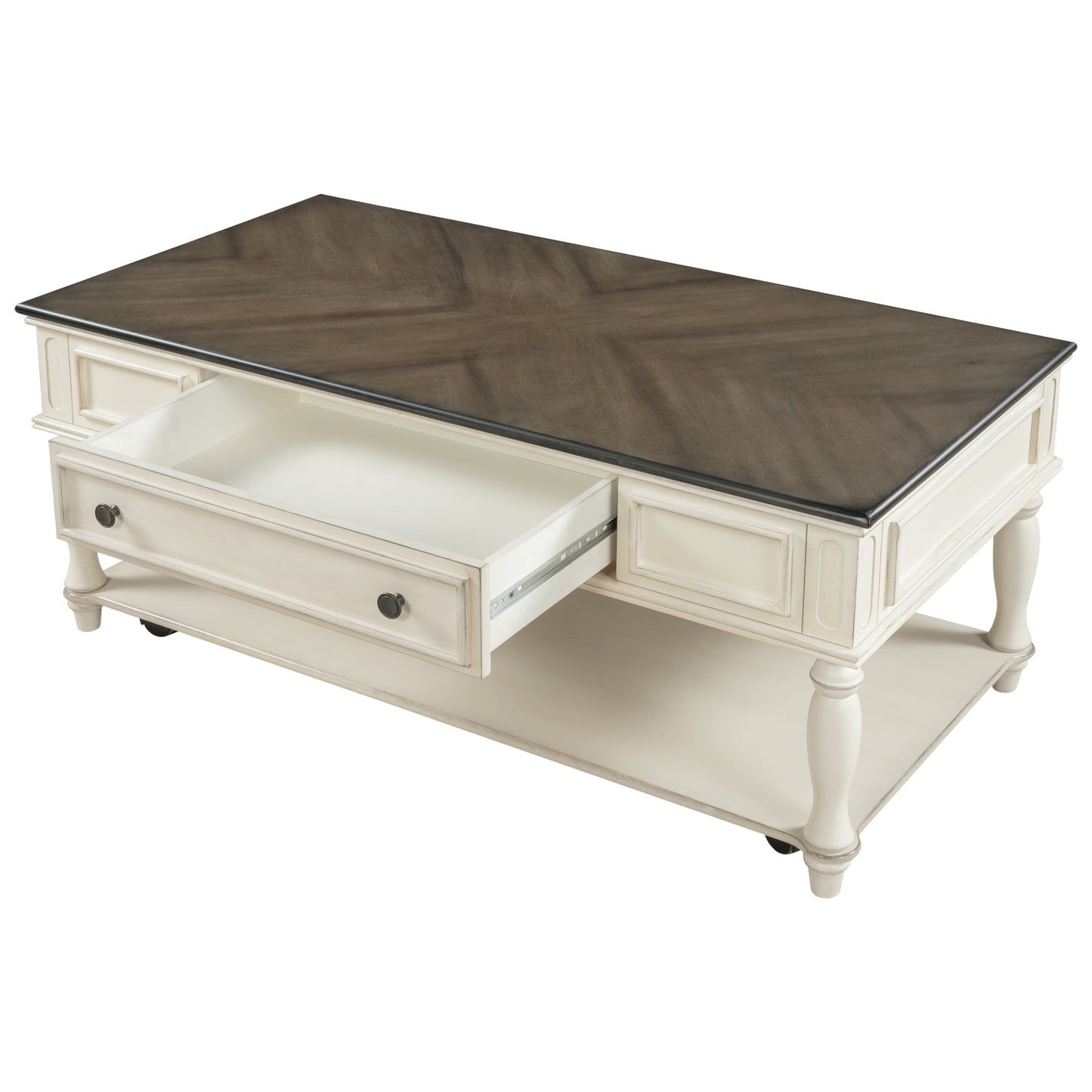ON-TREND Two-tone Retro Cocktail Table: Easy Assembly, Movable with Caster Wheels for Livingroom (Antique Gray)