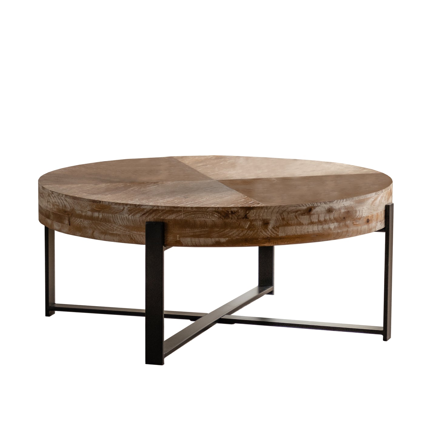 31.29" Modern Retro Splicing Round Coffee Table - Fir Wood Top, Cross Legs Metal Base - Stylish and Functional Furniture for Your Living Room Décor