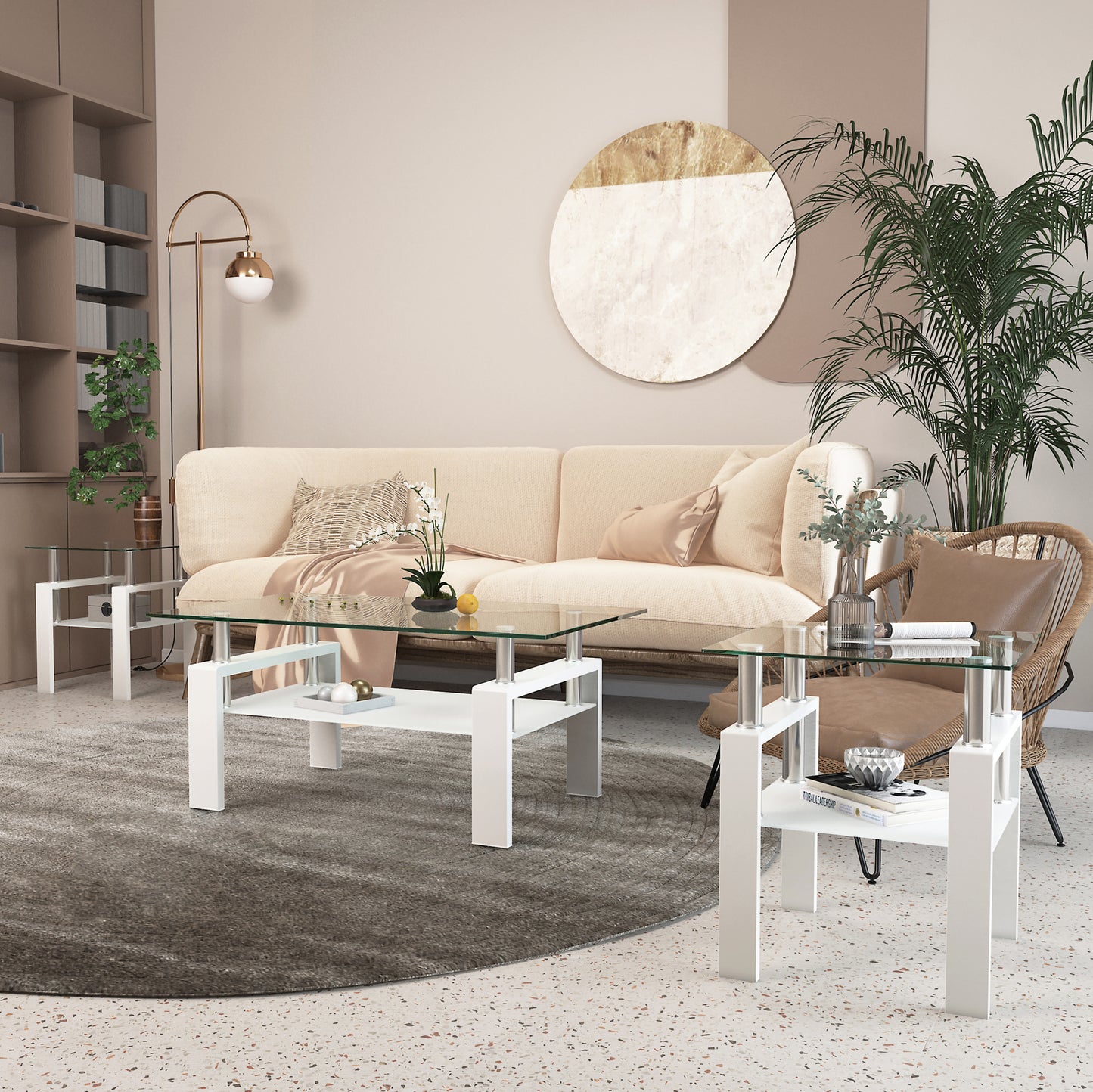 Square Tempered Glass Tea Table Coffee Table End Table Set, Modern and Transparent/White Design for Living Room