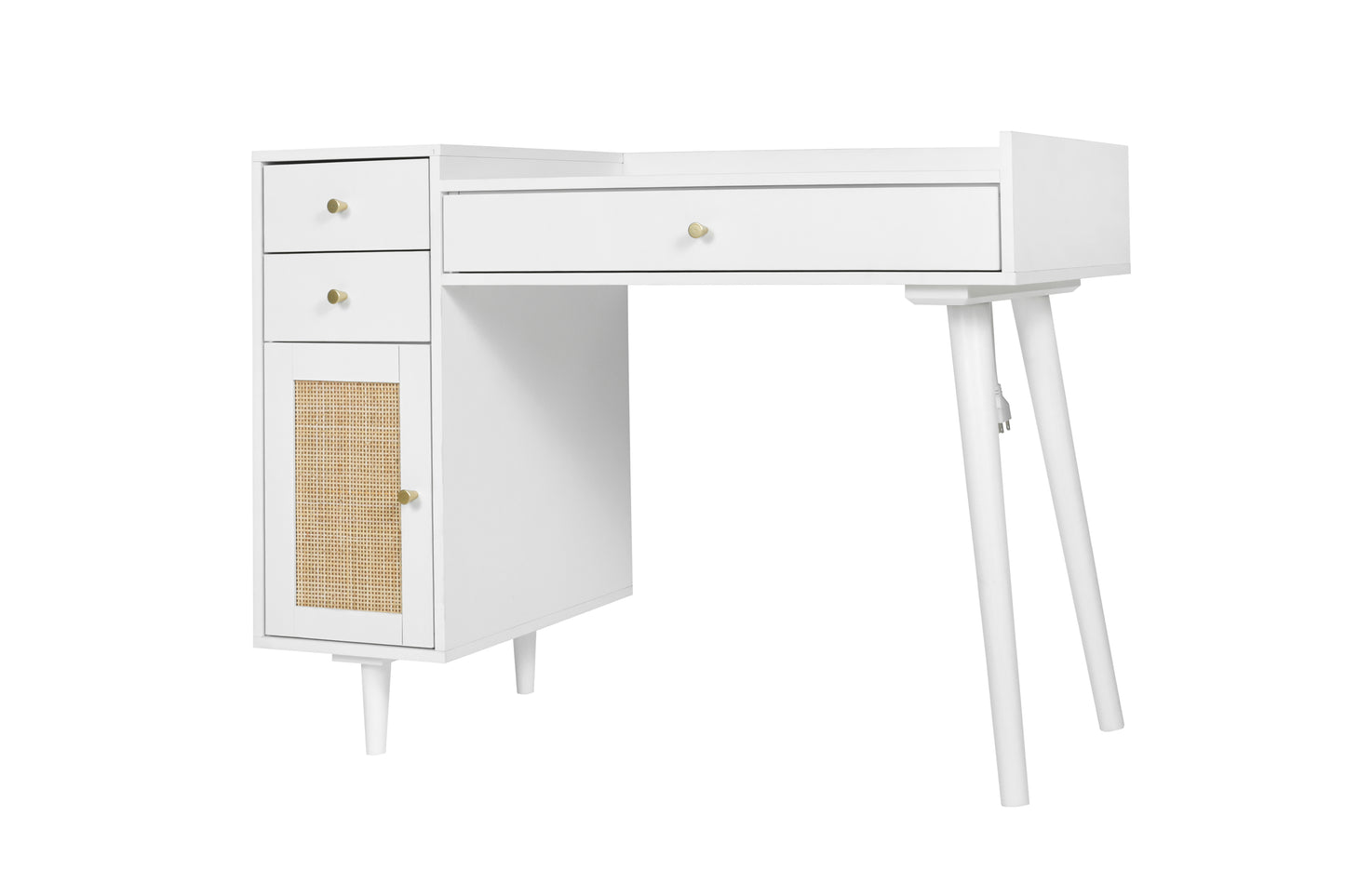 Makeup Vanity with Drawers | Mid-Century White Wood Dressing Table Desk | Rattan Door | Size Options