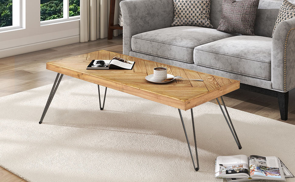 ON-TREND Coffee Table with Chevron Pattern & Hairpin Legs, Easy Assembly, Ash Wood Finish - Modern Cocktail Table for Living Room