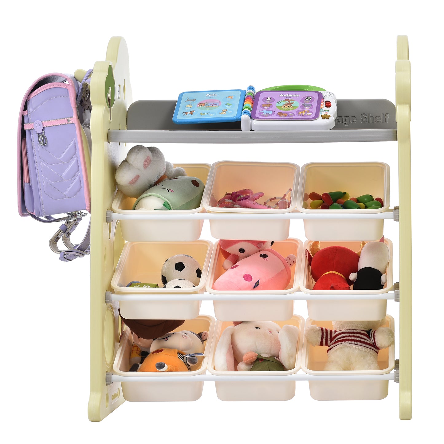 Kids Bookshelf Toy Storage Organizer: 12 Bins, 4 Bookshelves, Multi-functional Nursery Organizer, HDPE Shelf and Bins