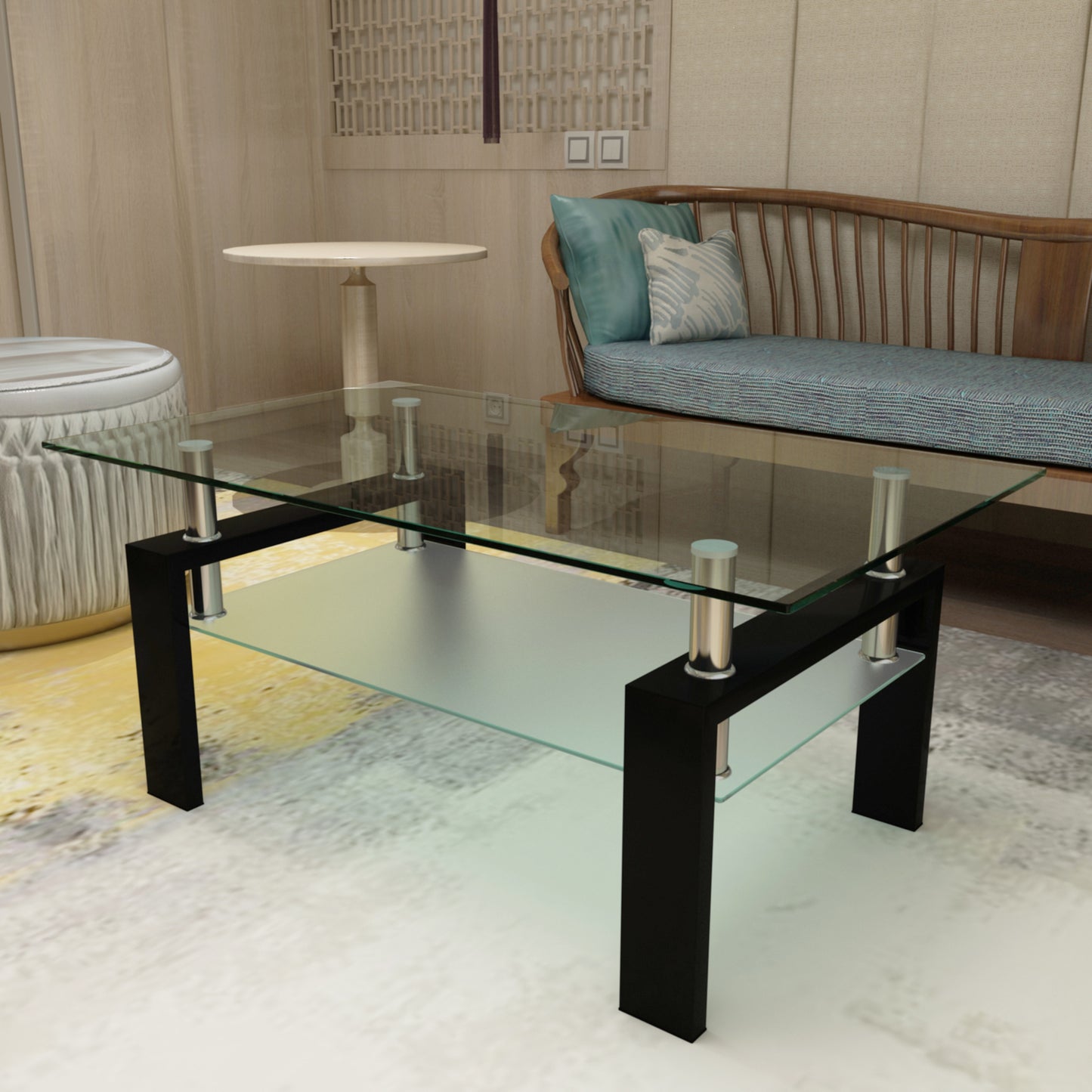 Rectangle Black Glass Coffee Table - Modern Side Center Table for Living Room, Clear, Sleek Design, Living Room Furniture