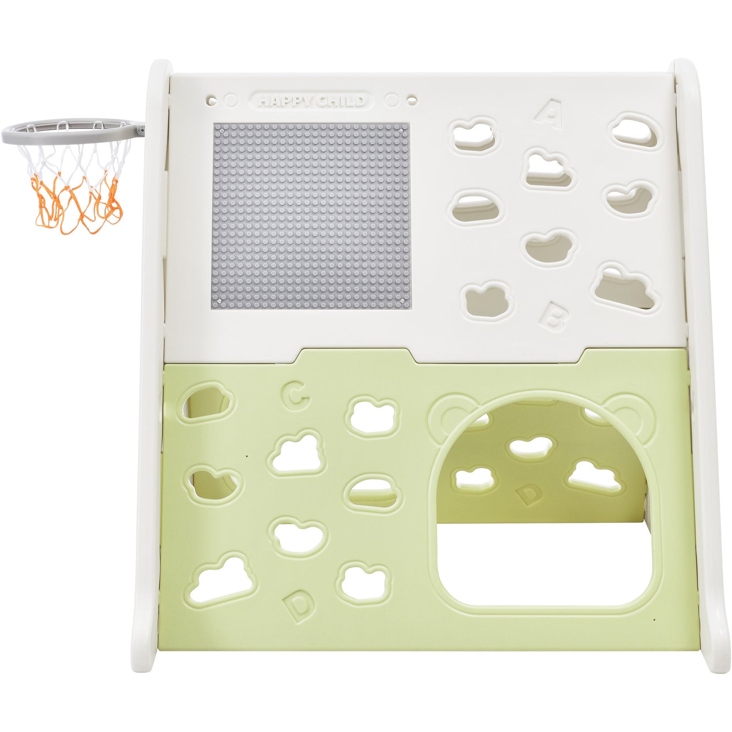 5-in-1 Toddler Climber Basketball Hoop Set - Kids Playground Climber Playset with Tunnel, Climber, Whiteboard, and Toy Building Block Baseplates - Combination for Babies - White