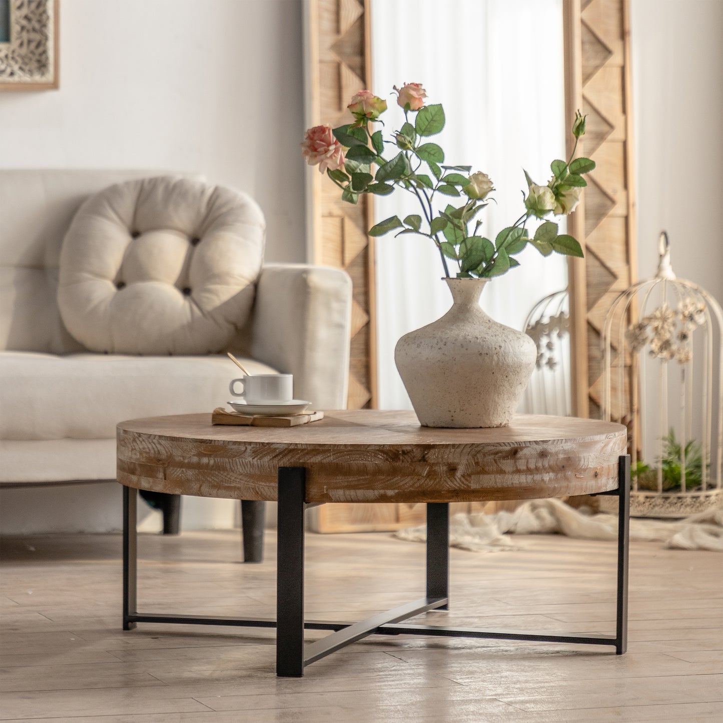 31.29" Modern Retro Splicing Round Coffee Table - Fir Wood Top, Cross Legs Metal Base - Stylish and Functional Furniture for Your Living Room Décor