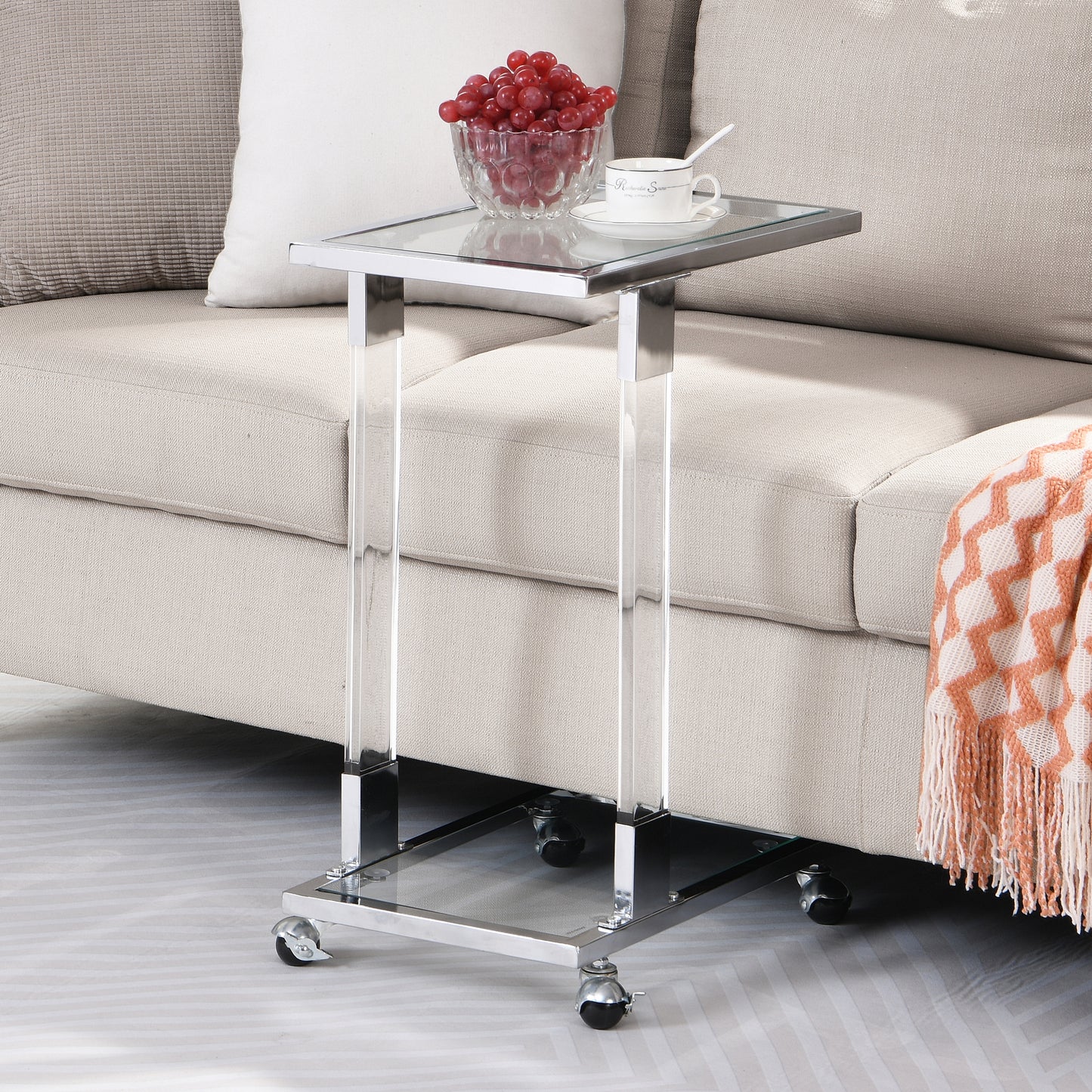 Chrome Glass Side Table - Acrylic End Table with Metal Base for Living Room, Bedroom, Balcony Home and Office - Glass Top C Shape Square Table - Stylish and Functional Furniture - Multiple Colors and Sizes Available