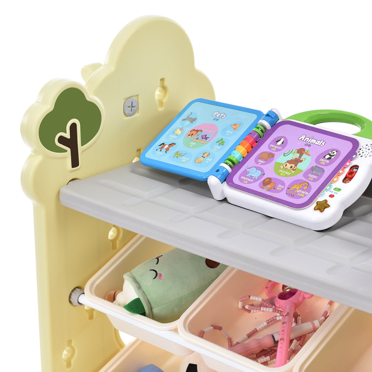 Kids Bookshelf Toy Storage Organizer: 12 Bins, 4 Bookshelves, Multi-functional Nursery Organizer, HDPE Shelf and Bins