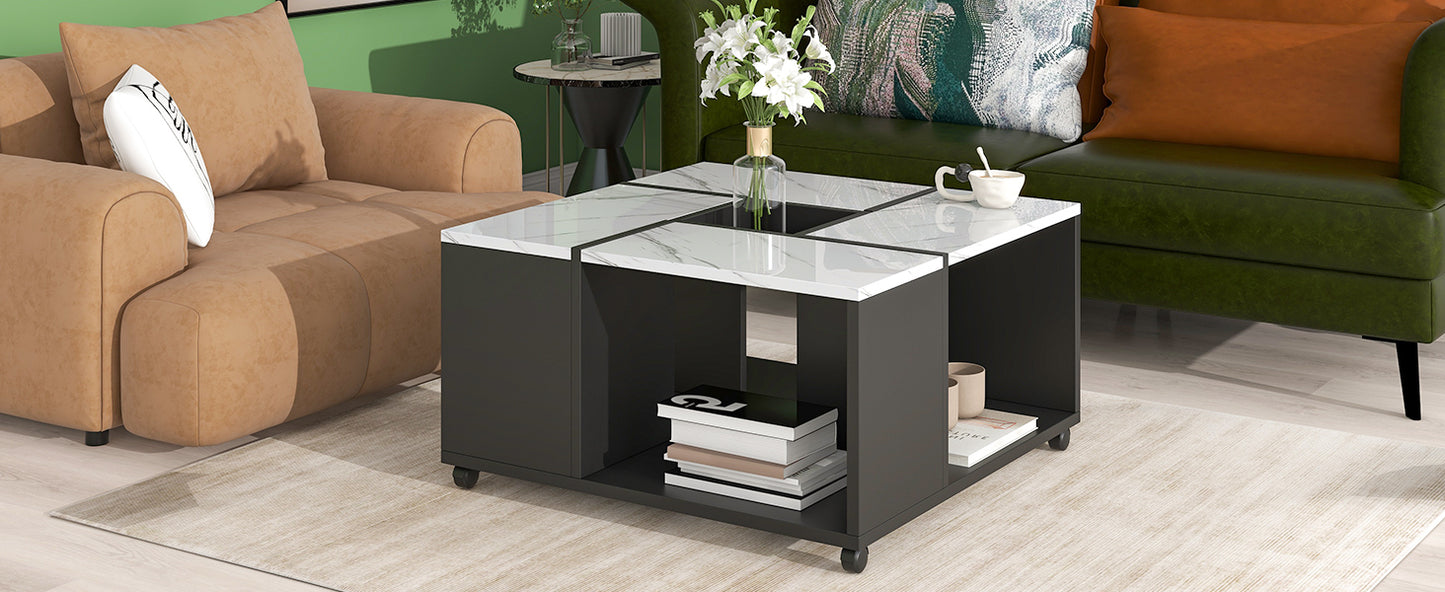 ON-TREND 2-layer Coffee Table w/ Casters, Square Cocktail Table w/ Removable Tray, UV High-gloss Marble Design Center Table for Living Room, 31.4”x 31.4”