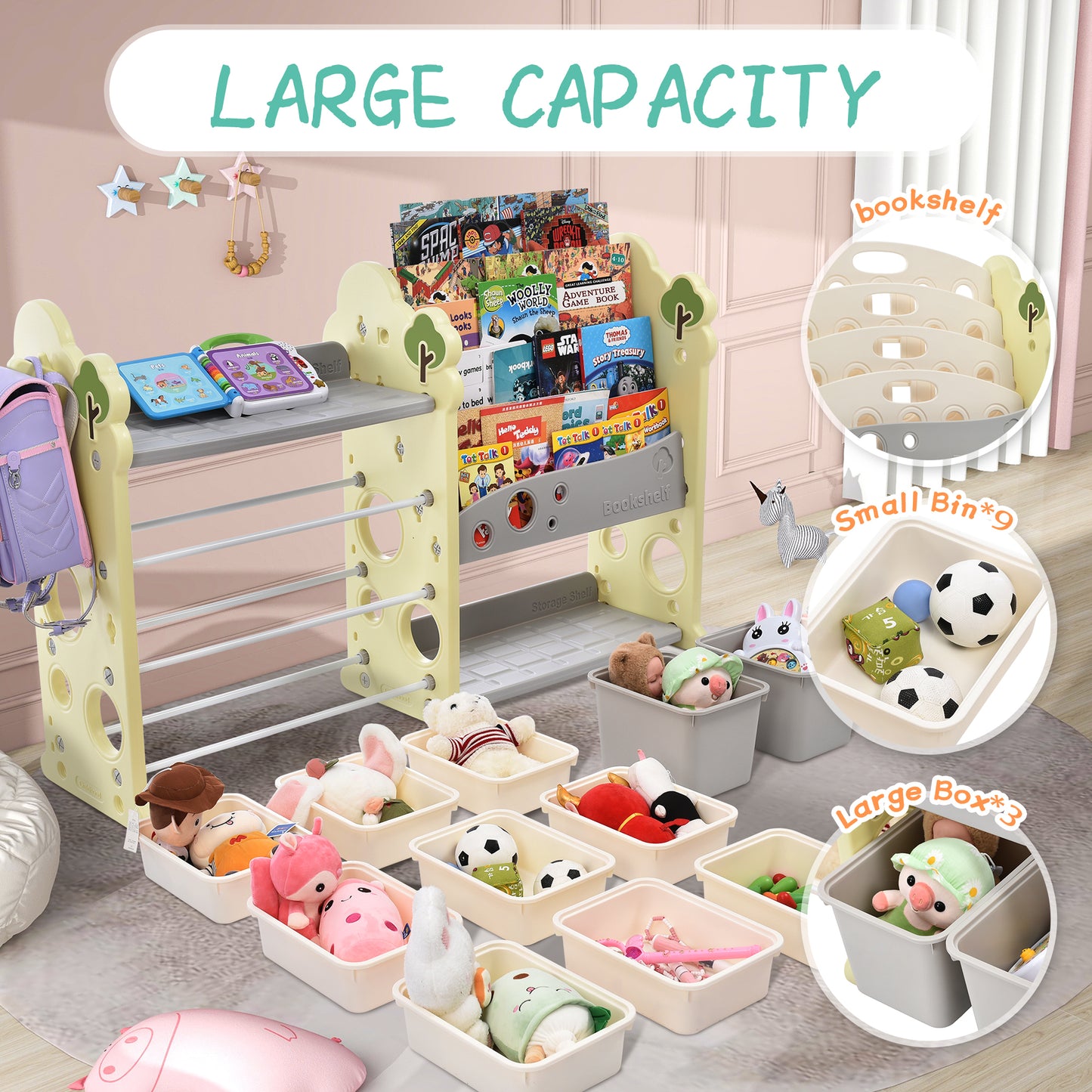 Kids Bookshelf Toy Storage Organizer: 12 Bins, 4 Bookshelves, Multi-functional Nursery Organizer, HDPE Shelf and Bins