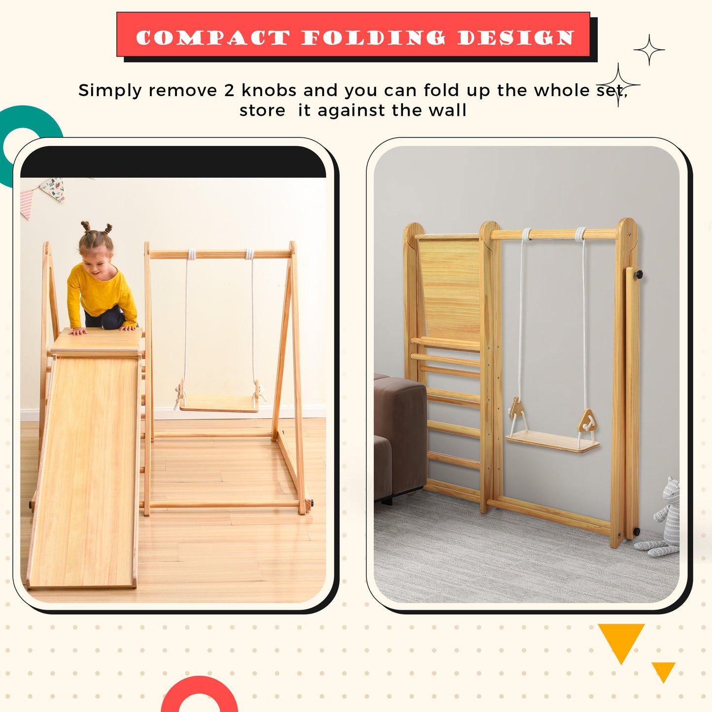 Wooden Swing and Slide Set Indoor Foldable Climbing Playground Playset for Kids, Rock Climb Ramp, Toddlers Climbing Toys