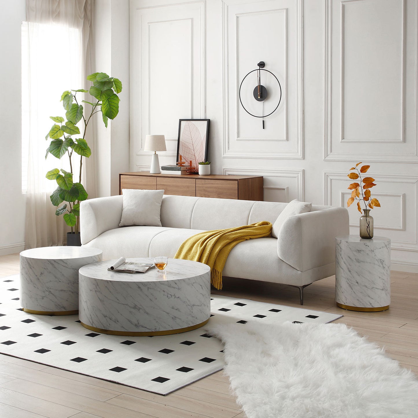 Faux Marble Coffee Tables for Living Room: 35.43inch Accent Tea Tables with Gold Metal Base in White
