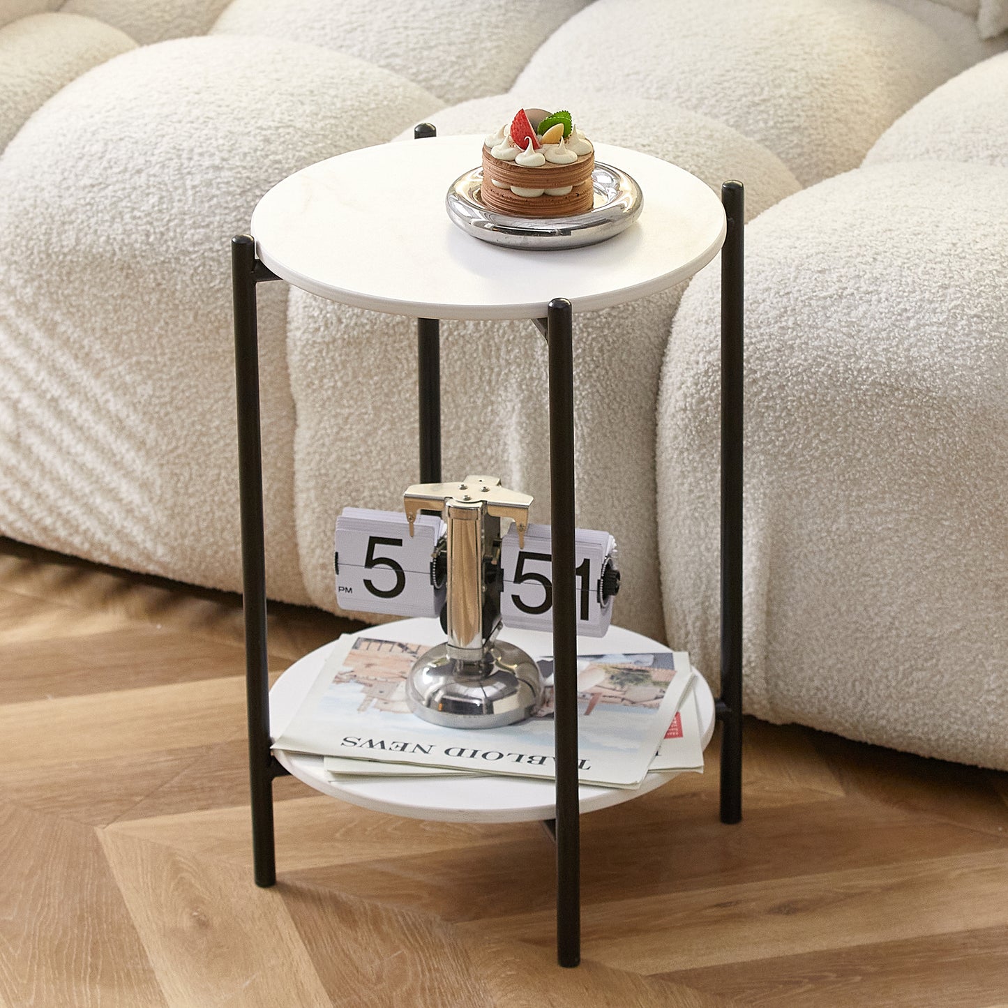 2-Layer End Table with Whole Marble Tabletop, Round Coffee Table with Black Metal Frame - White,1 piece: Stylish and Functional Furniture for Bedroom Living Room Office.