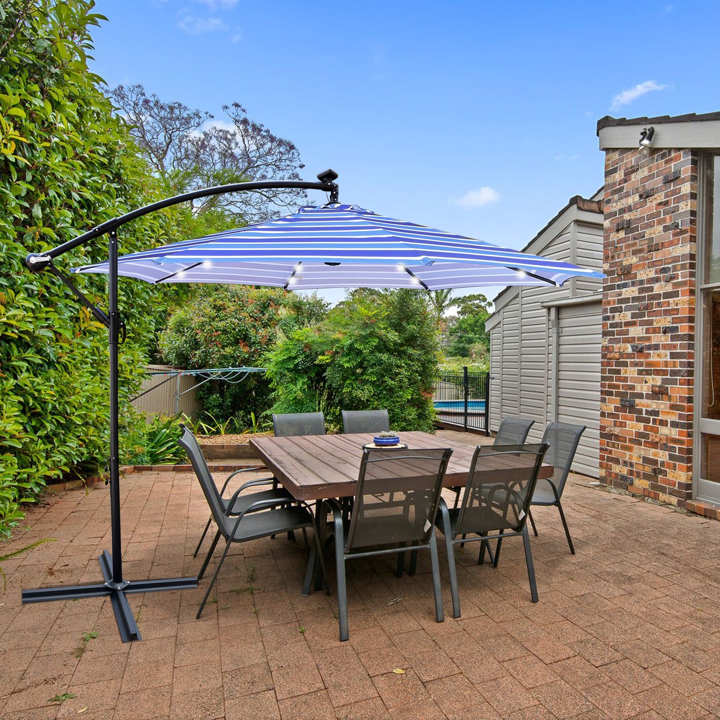 10 ft Solar Powered LED Lighted Patio Umbrella, Waterproof, 8 Ribs, Crank and Cross Base, for Garden, Deck, Backyard, Pool, Shade, Outside, Swimming Pool, Market Umbrella