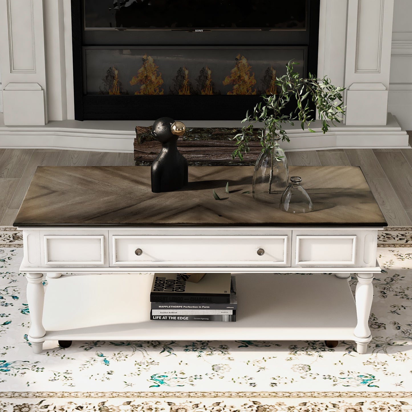 ON-TREND Two-tone Retro Cocktail Table: Easy Assembly, Movable with Caster Wheels for Livingroom (Antique Gray)