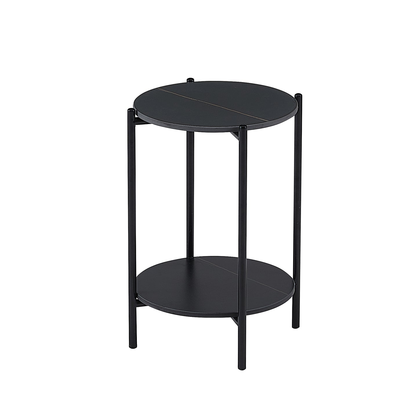 2-Layer End Table with Whole Marble Tabletop, Round Coffee Table for Bedroom Living Room Office. Black Metal Frame. 1 Piece.