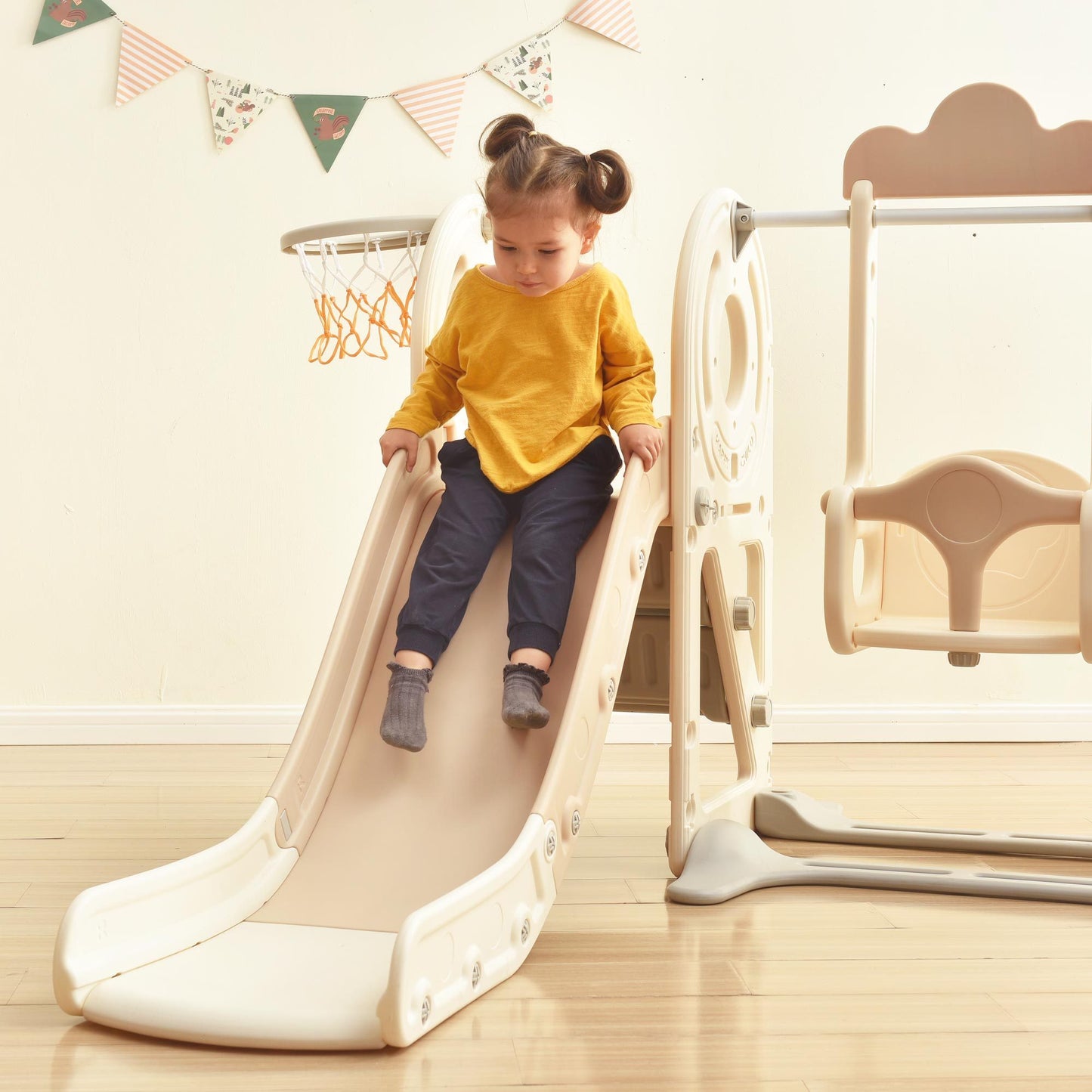 Kids Swing-N-Slide: Freestanding Bus Toy with Slide & Swing for Toddlers | Basketball Hoop | Fun Bus Play Structure