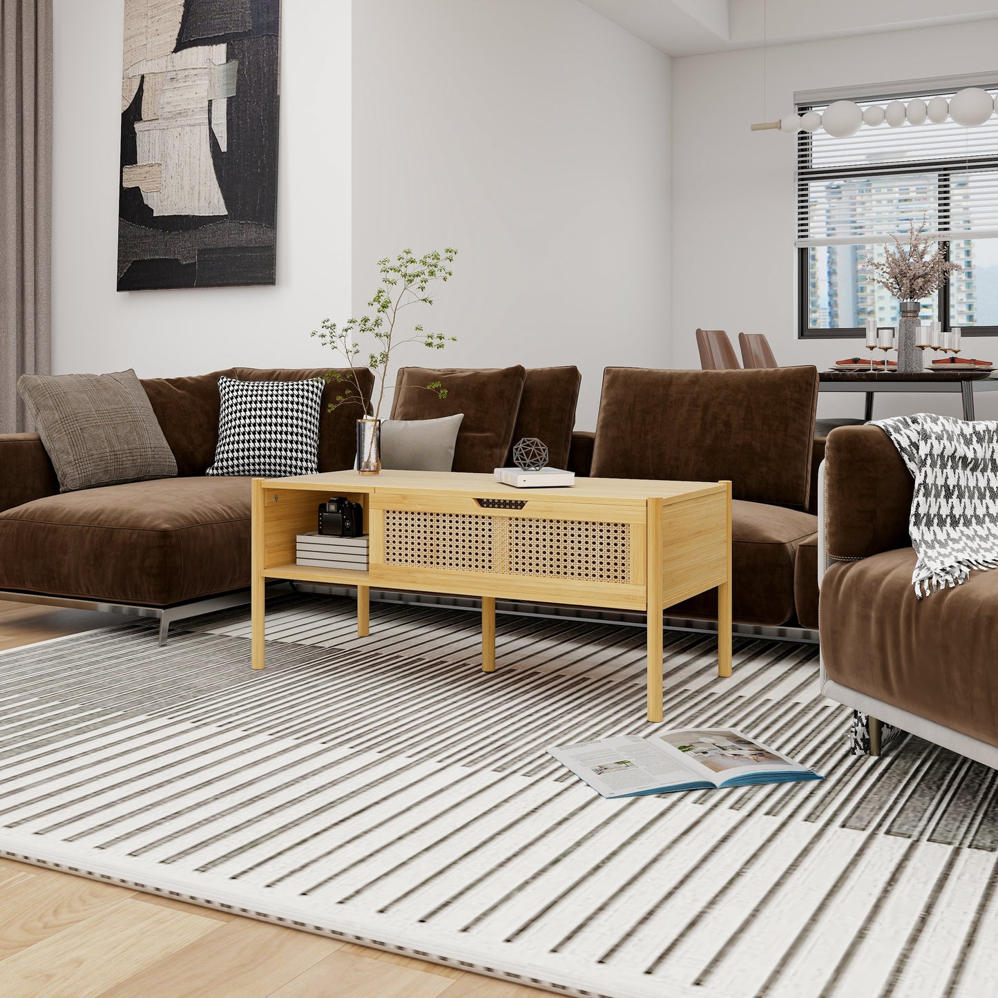 Coffee Table, Top Lifting, Natural Bamboo and Rattan - Ideal for Living Room Décor with Elegant Design, Durable Construction, and Convenient Storage Space - Available in Multiple Sizes and Earthy Tones