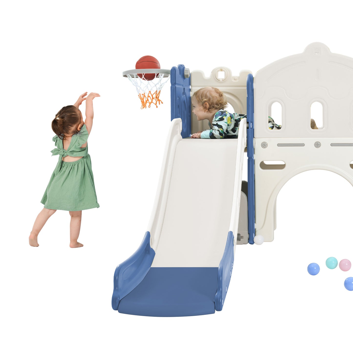 Kids Slide Playset Structure, Freestanding Castle Climber with Slide and Basketball Hoop, Toy Storage Organizer for Toddlers, Kids Climbers Playhouse for Indoor Outdoor Playground Activity