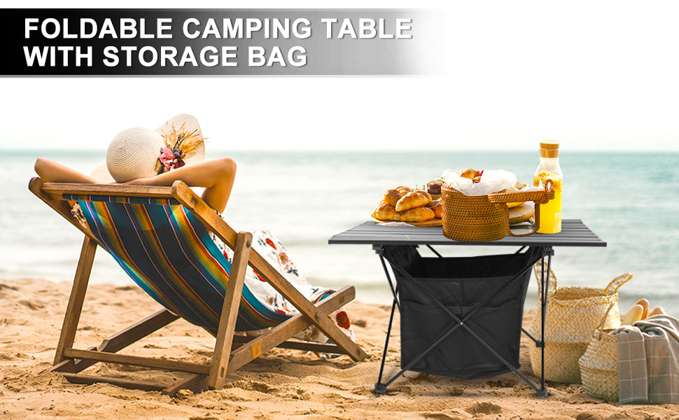 Portable Folding Aluminum Alloy Table with High-Capacity Storage and Carry Bag for Camping, Traveling, Hiking, Fishing, Beach, BBQ - Large, Black