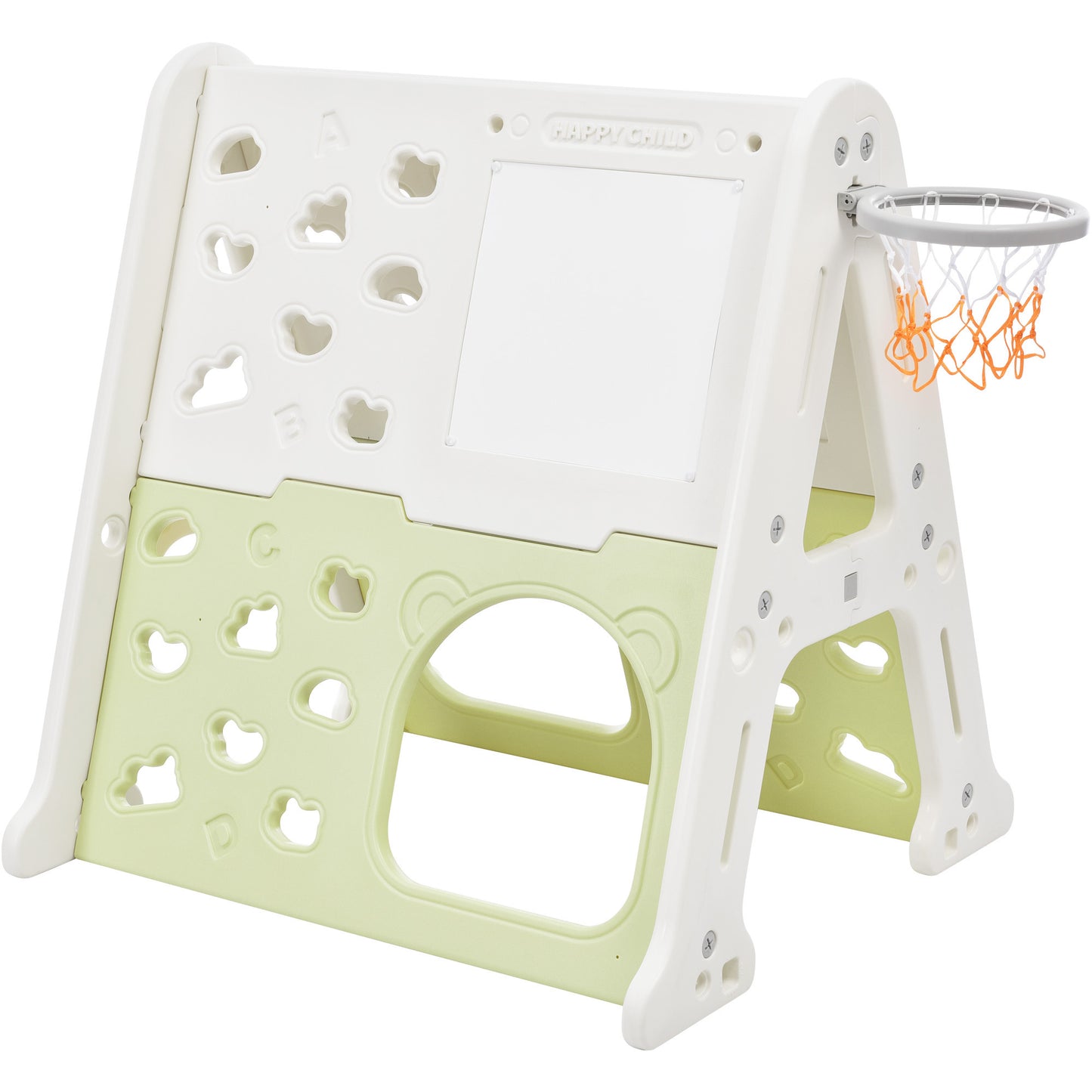 5-in-1 Toddler Climber Basketball Hoop Set - Kids Playground Climber Playset with Tunnel, Climber, Whiteboard, and Toy Building Block Baseplates - Combination for Babies - White