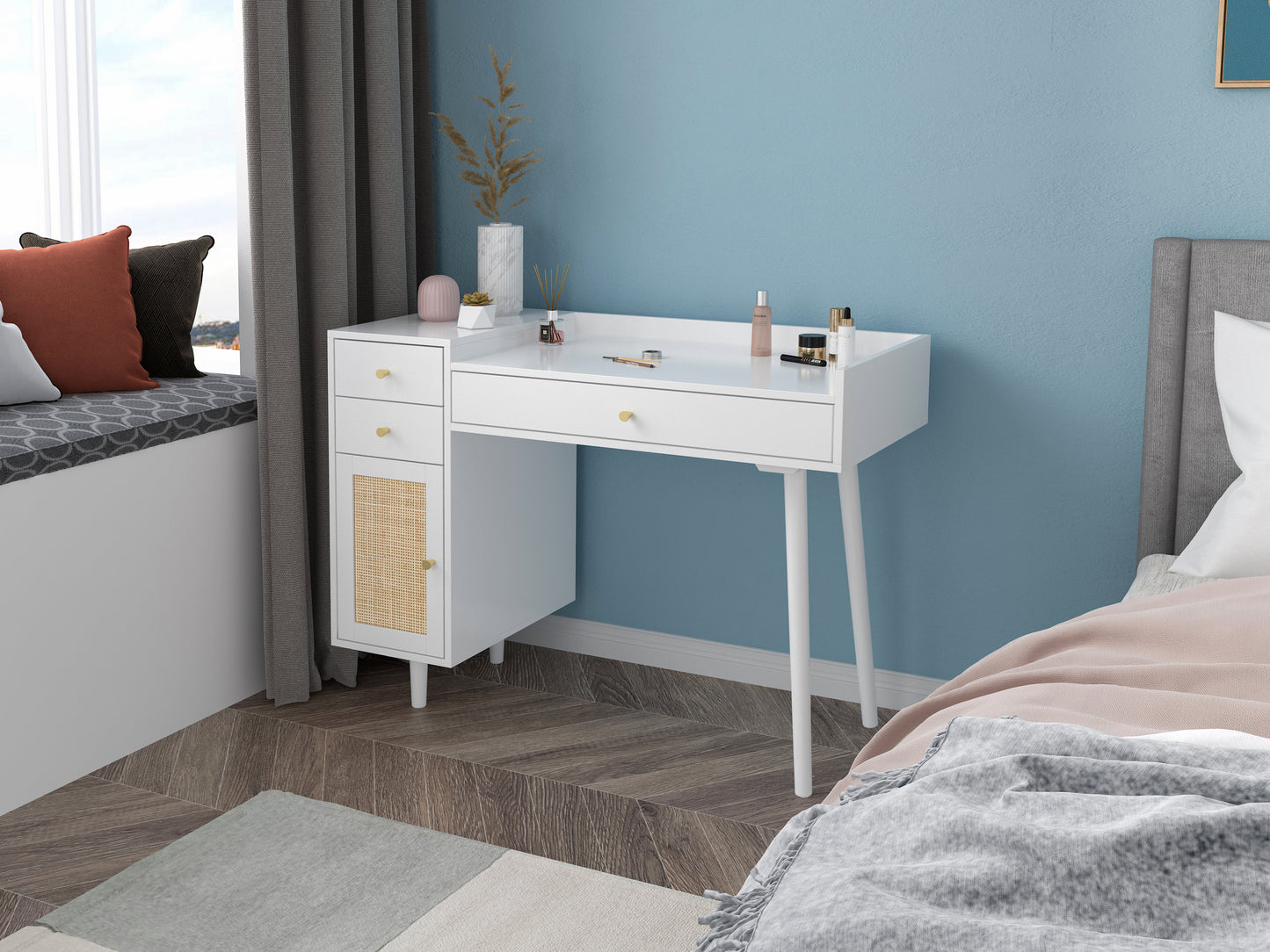 Makeup Vanity with Drawers | Mid-Century White Wood Dressing Table Desk | Rattan Door | Size Options