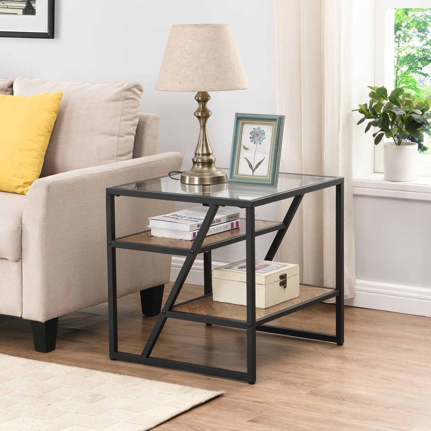 Black Side Table, End Table with Storage Shelf, Tempered Glass Coffee Table with Metal Frame for Living Room & Bedroom, Modern Design Furniture