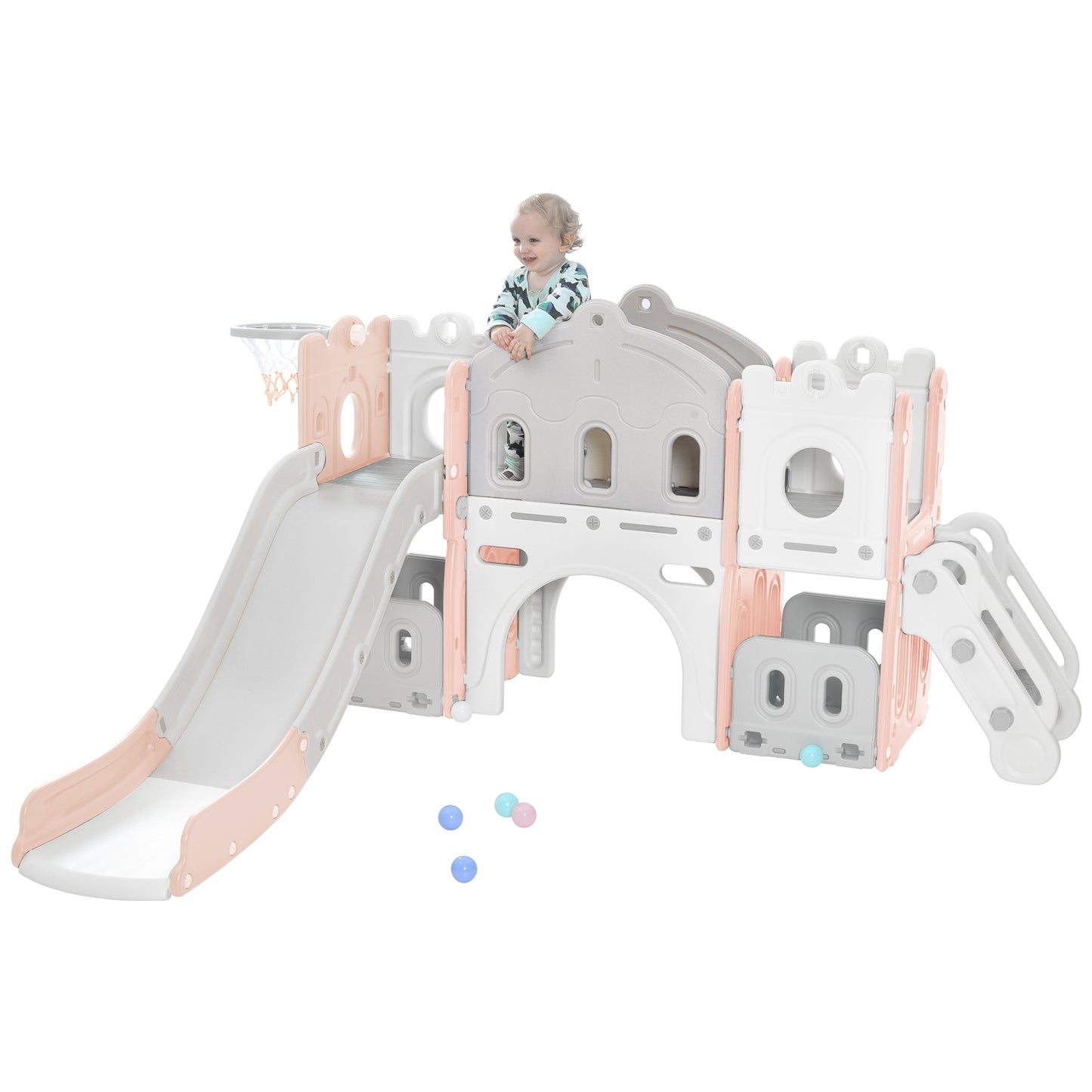 Kids Slide Playset Structure, Freestanding Castle Climber with Slide and Basketball Hoop, Toy Storage Organizer for Toddlers, Indoor Outdoor Playground Activity