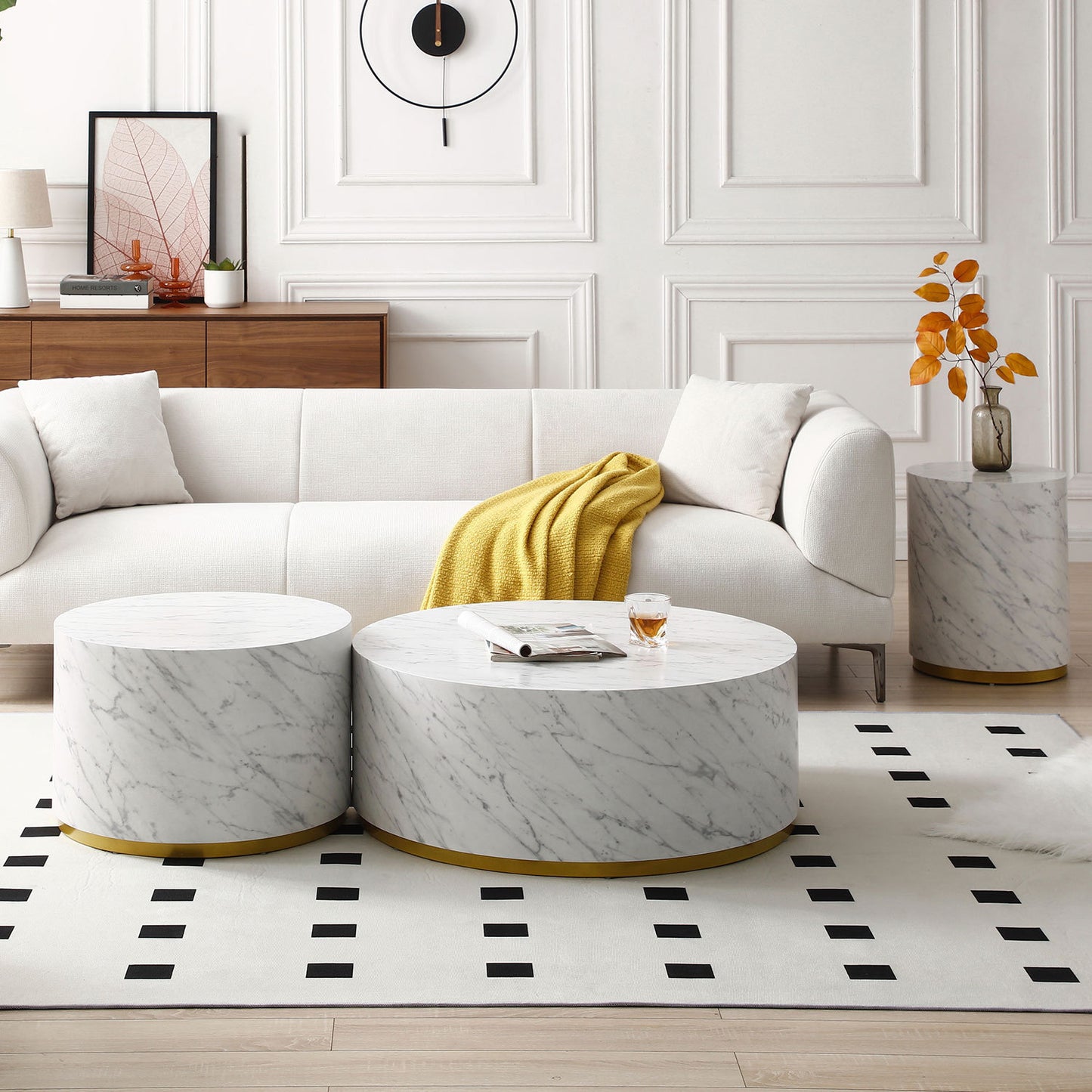 Faux Marble Coffee Tables for Living Room: 35.43inch Accent Tea Tables with Gold Metal Base in White