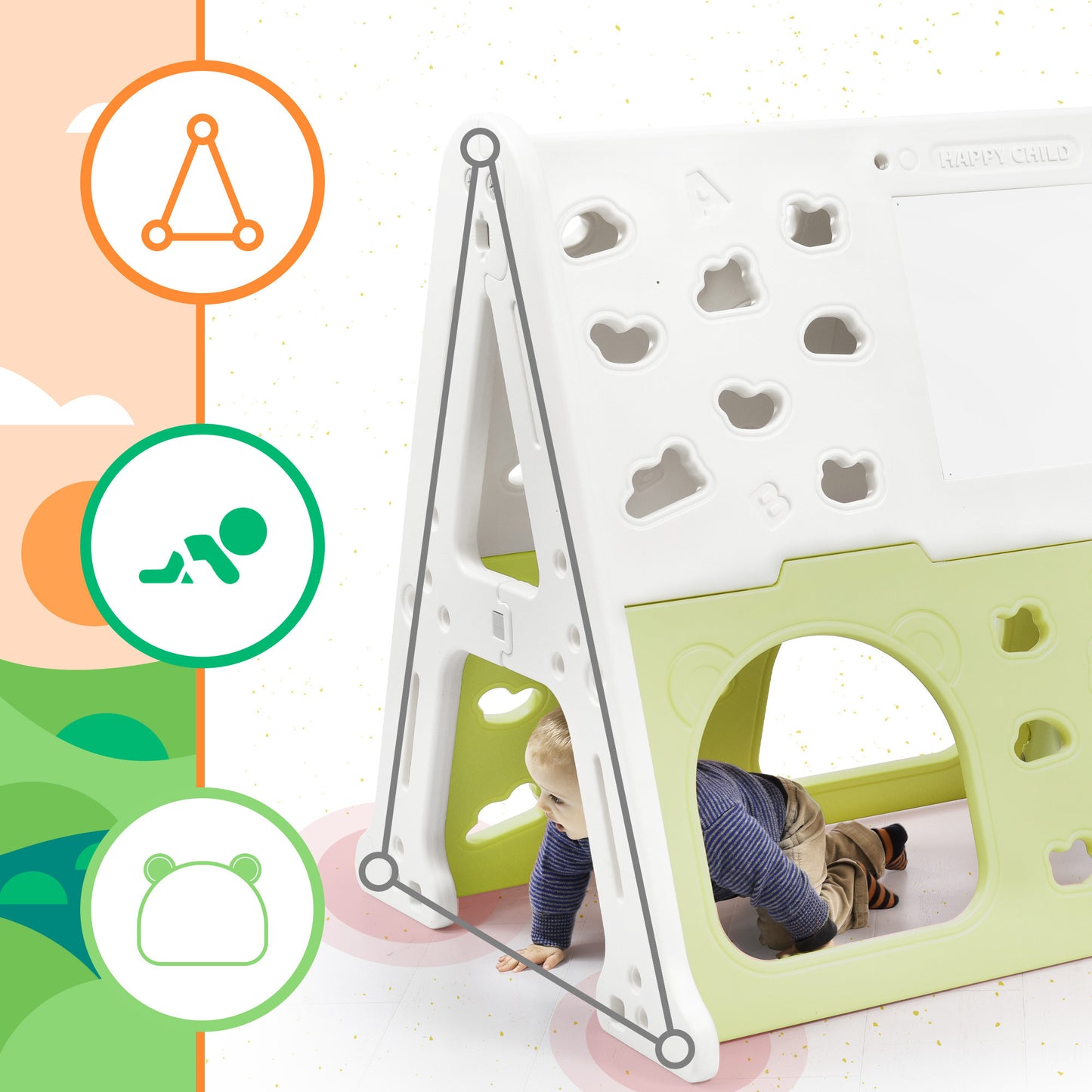 5-in-1 Toddler Climber Basketball Hoop Set - Kids Playground Climber Playset with Tunnel, Climber, Whiteboard, and Toy Building Block Baseplates - Combination for Babies - White