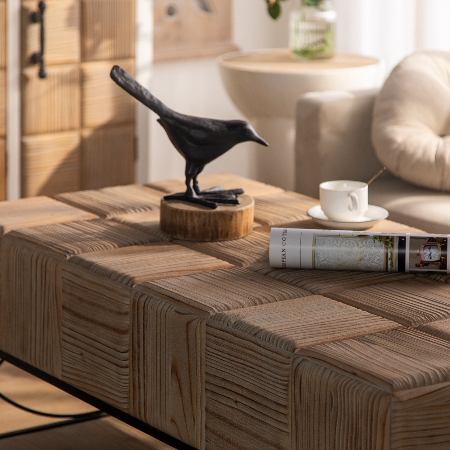"Retro Square Coffee Table with Small Grid Splicing Design for Living, Office, and Dining Rooms - 47.64" Size"
