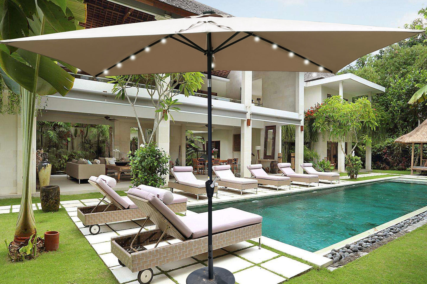 10 x 6.5t Rectangular Patio Solar LED Lighted Outdoor Umbrellas: Crank, Push Button Tilt for Garden, Backyard, Pool.