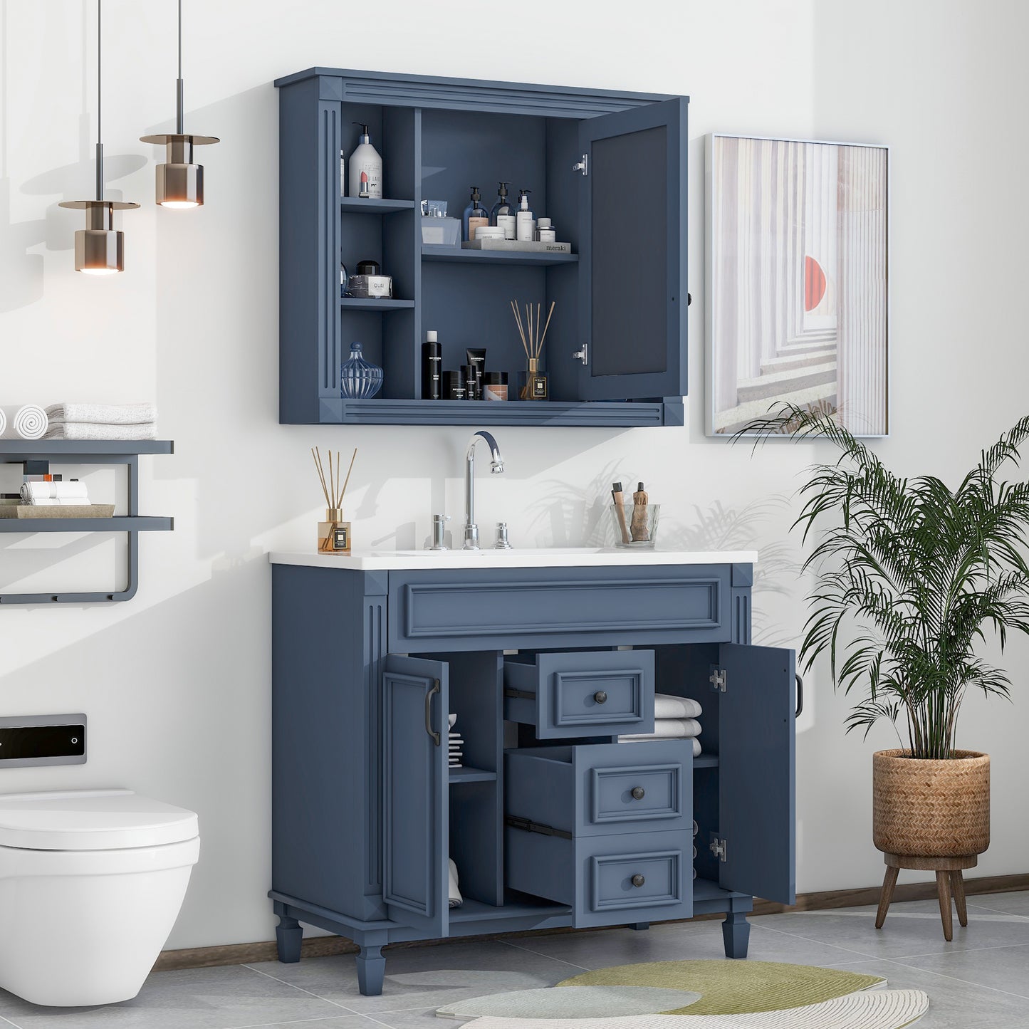 36'' Bathroom Vanity with Top Sink - Royal Blue Mirror Cabinet, Modern Storage Cabinet with 2 Doors and 2 Drawers - Single Sink Vanity