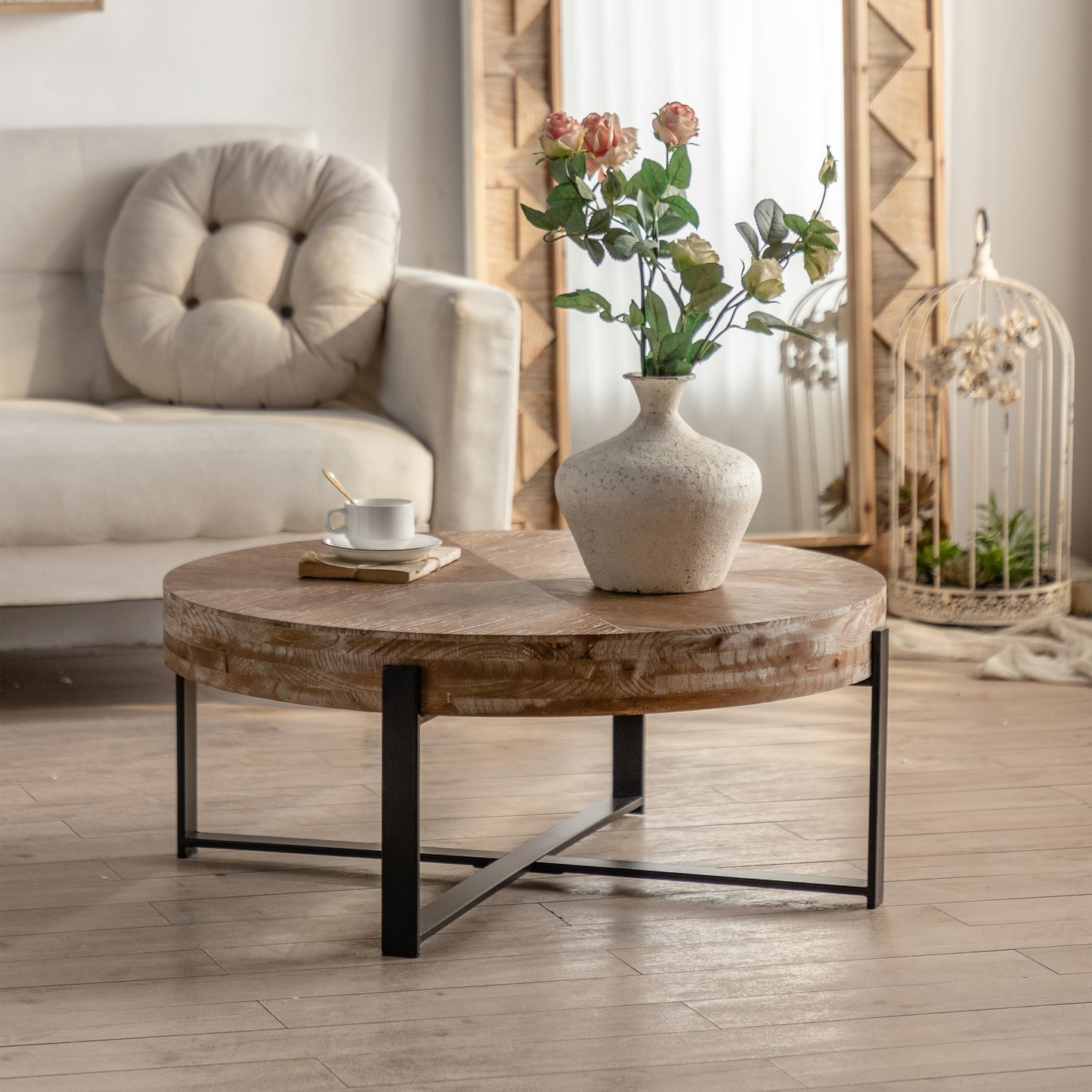 31.29" Modern Retro Splicing Round Coffee Table - Fir Wood Top, Cross Legs Metal Base - Stylish and Functional Furniture for Your Living Room Décor