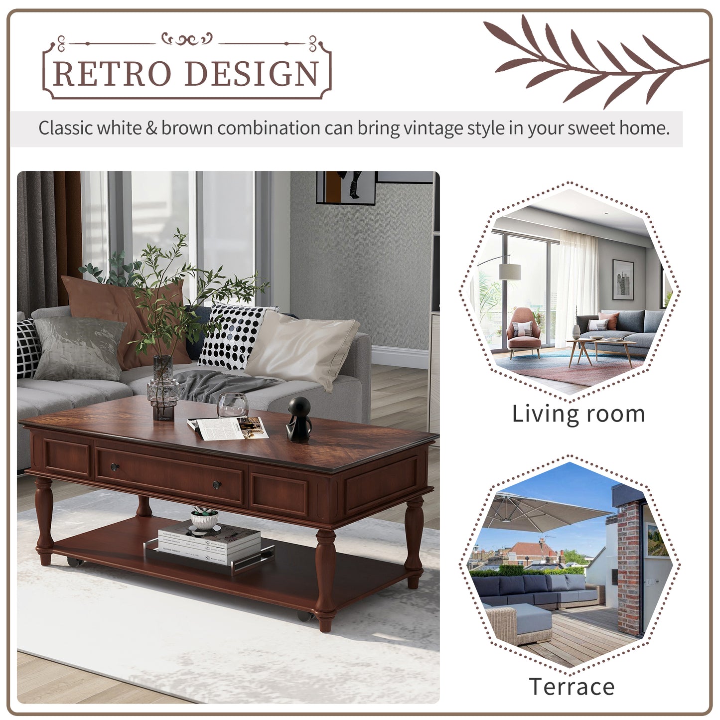 Retro Cocktail Table Coffee Table for Livingroom - Easy Assembly, Movable & Stylish with Caster Wheels - Espresso Finish