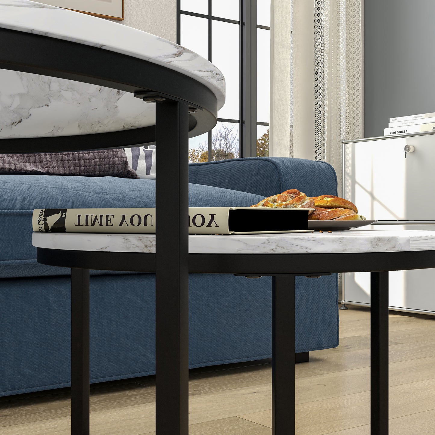Coffee Tables for Living Room - Round Table Set of 2, Nesting Tables for Small Spaces, Easy Assembly, Black+White