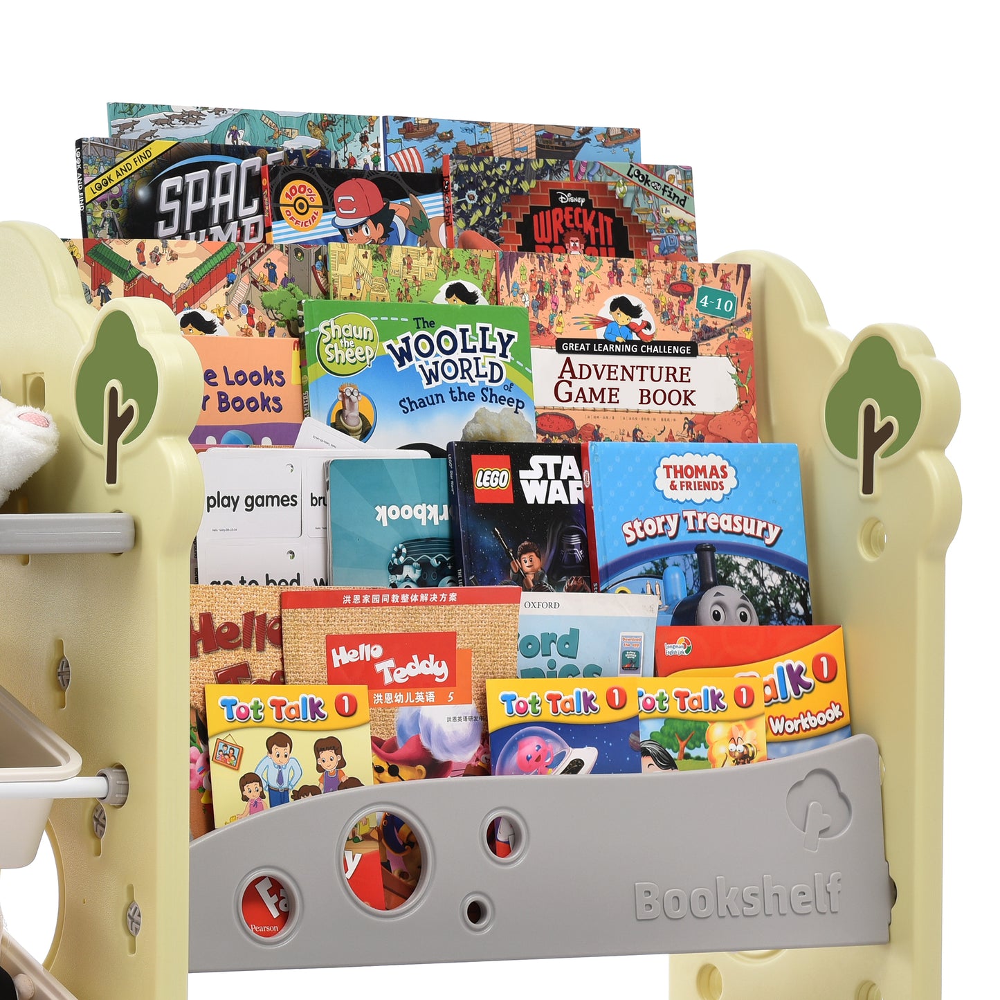 Kids Bookshelf Toy Storage Organizer: 12 Bins, 4 Bookshelves, Multi-functional Nursery Organizer, HDPE Shelf and Bins