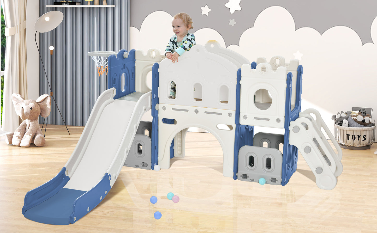 Kids Slide Playset Structure, Freestanding Castle Climber with Slide and Basketball Hoop, Toy Storage Organizer for Toddlers, Kids Climbers Playhouse for Indoor Outdoor Playground Activity
