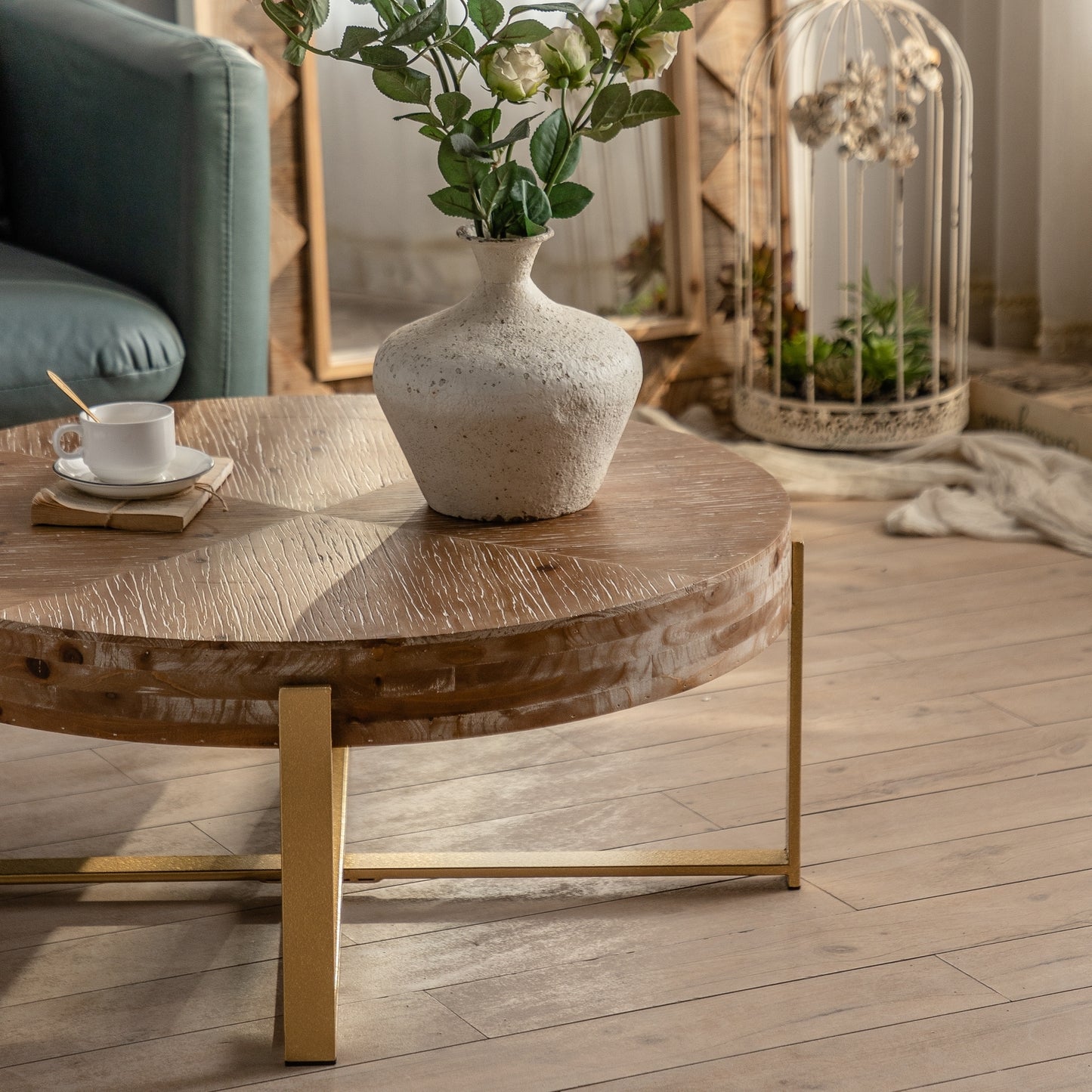 31.29" Modern Retro Splicing Round Coffee Table with Gold Cross Legs - Fir Wood Table Top - Elegant and Timeless Design - Available in Multiple Colors - Perfect Addition to Any Living Space