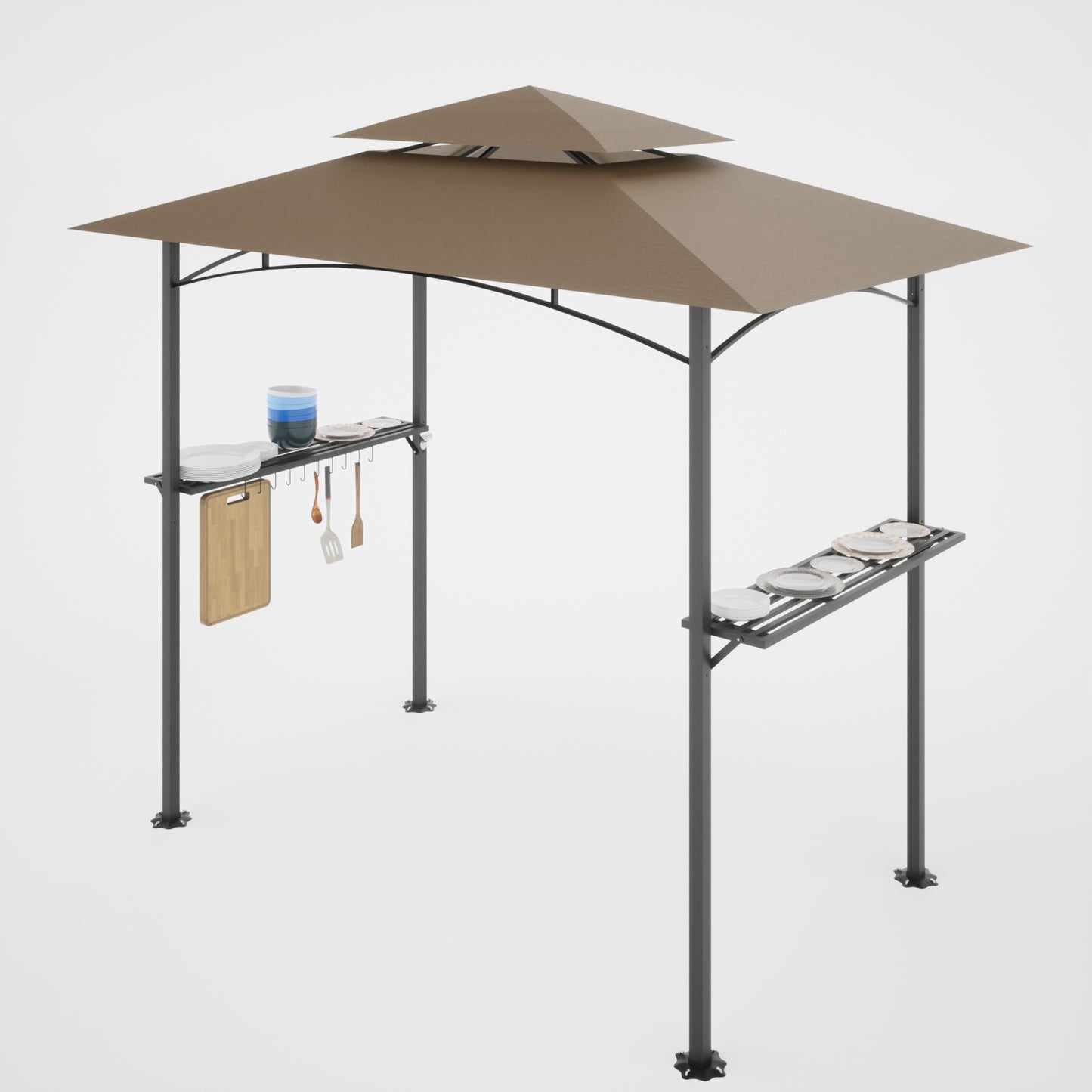 8x 5 FT Grill Gazebo Canopy: Double Tiered BBQ Gazebo for Outdoor Barbecues - Khaki, 8x 5ft Size