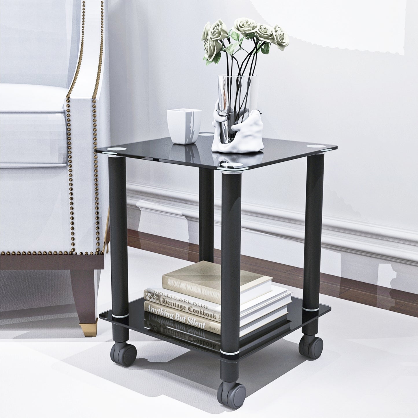 2-Piece Black Side Table: 2-Tier Space End Table, Modern Night Stand with Storage Shelve