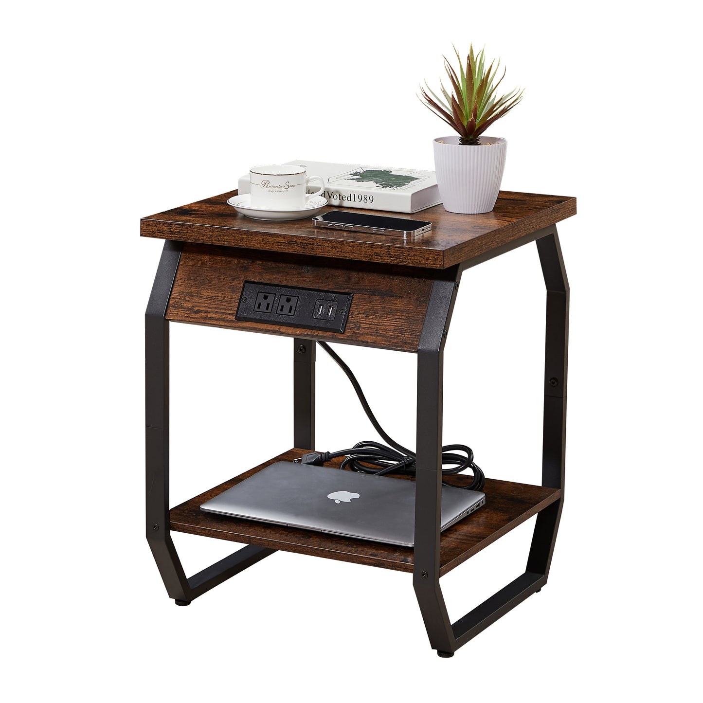 Side Table with Charging Station, Set of 2 End Tables with USB Ports and Sockets, Bedside Tables in Living Room, Bedroom, Rustic Brown, 17.32'' W x 17.32'' D x 21.65'' H