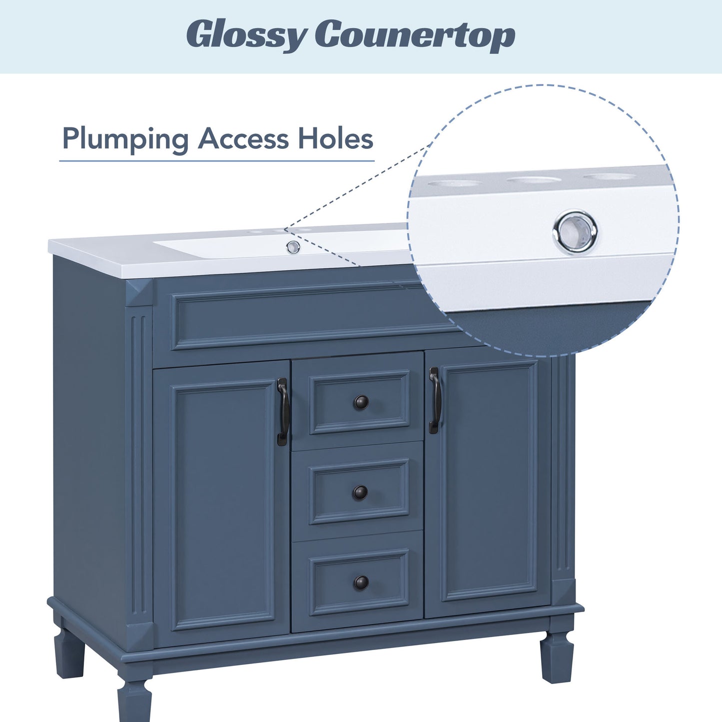 36'' Bathroom Vanity with Top Sink - Royal Blue Mirror Cabinet, Modern Storage Cabinet with 2 Doors and 2 Drawers - Single Sink Vanity