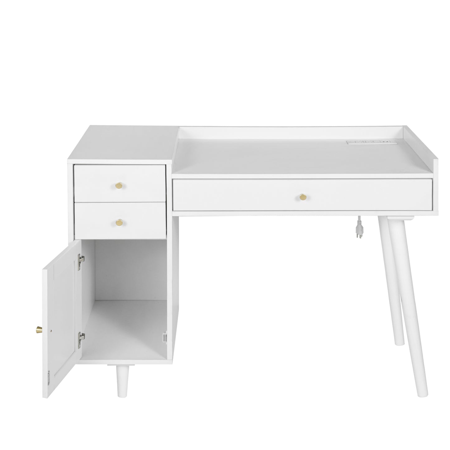Makeup Vanity with Drawers | Mid-Century White Wood Dressing Table Desk | Rattan Door | Size Options